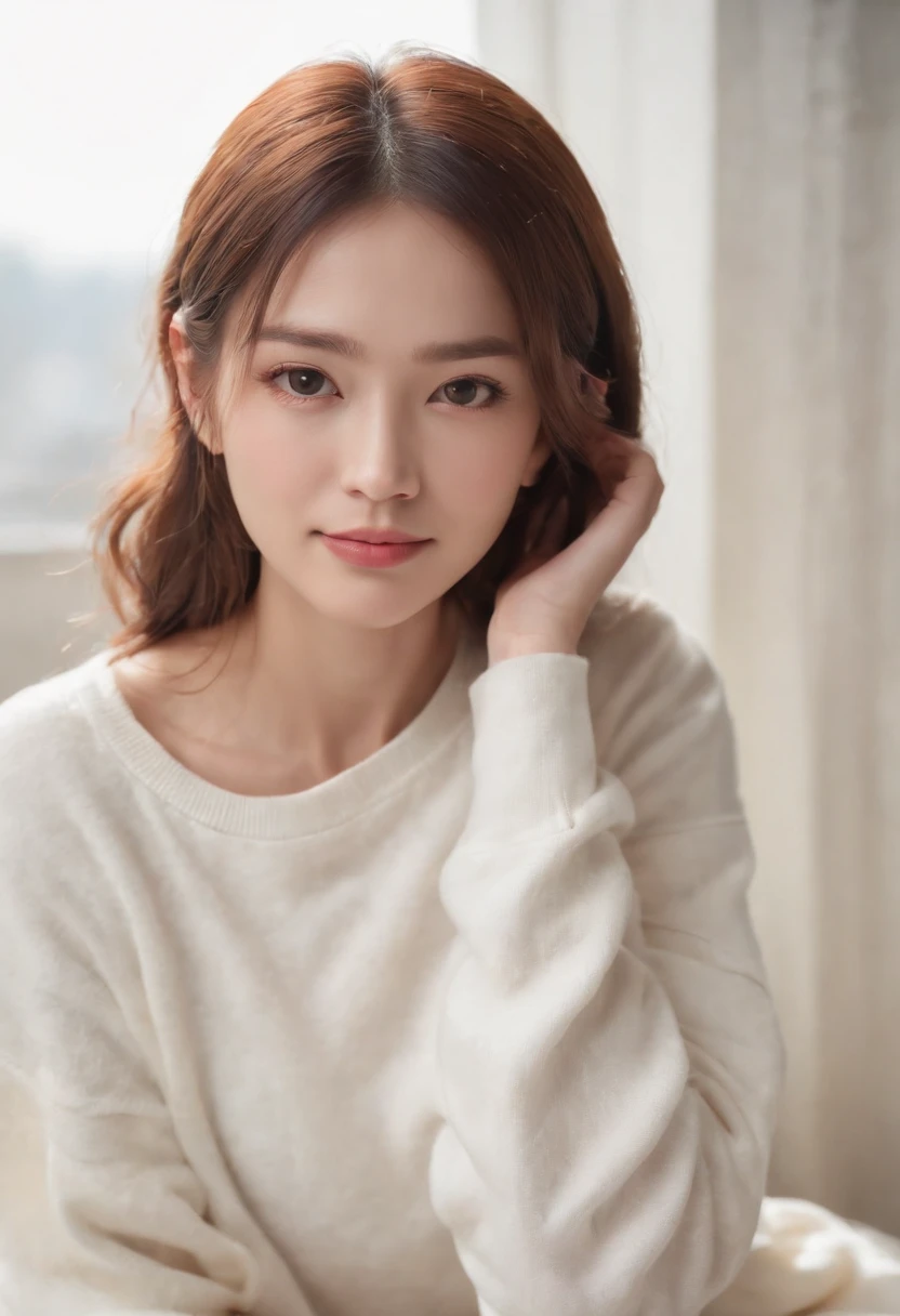 ((of the highest quality, 8K,Raw photo)), (Realistic, Photorealistic: 1.37), (Face Focus: 1.1), a smile、Small breasts, flat chest, Longhaire, A Japanese Lady、20yr old、Japan idol system、(white sweatshirt: 1.1)、Skirt, Sitting, Arms up, From below, Sunlight, Movie Lighting,