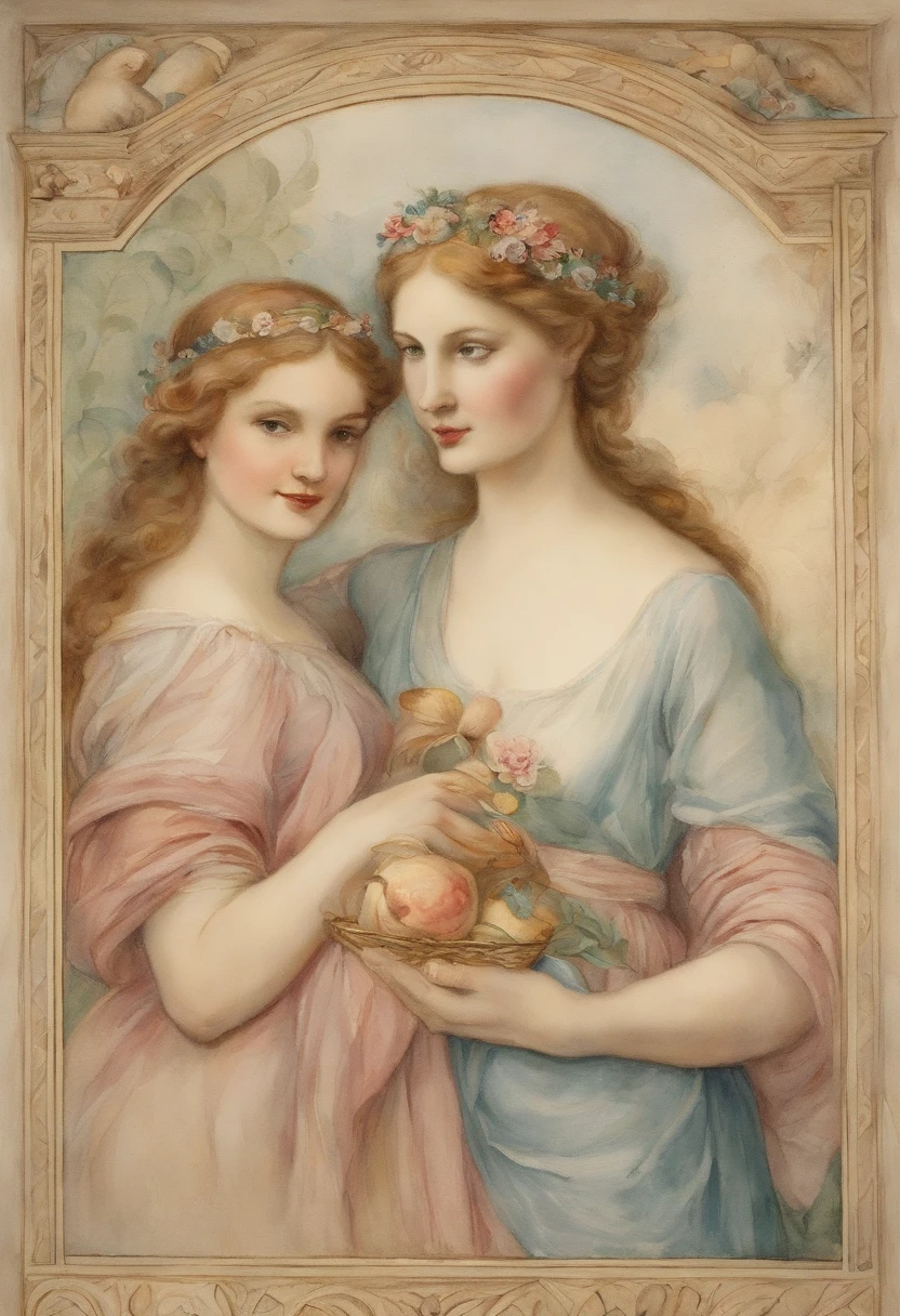 A maiden receiving a gift from Venus and the Three Graces, Stasia Burlington Style, watercolor paiting, soft colours, calm face, vintage images,Fresco style