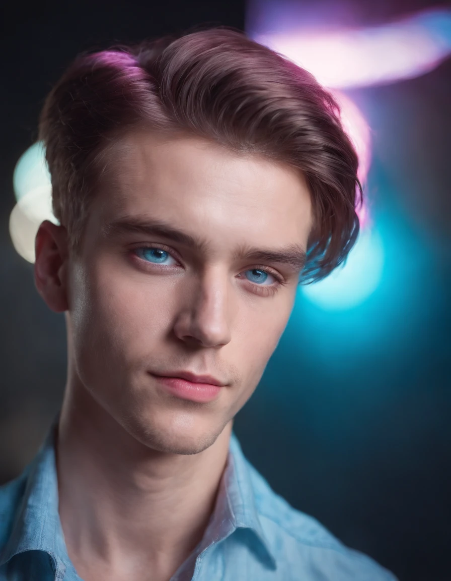 a young man with pink and blue eyes is photographed with his hair, in the style of neon realism, light and shadow play, layered imagery, volumetric lighting, split toning, surreal human figures, goerz hypergon 6.5mm f/8 (medium shot)