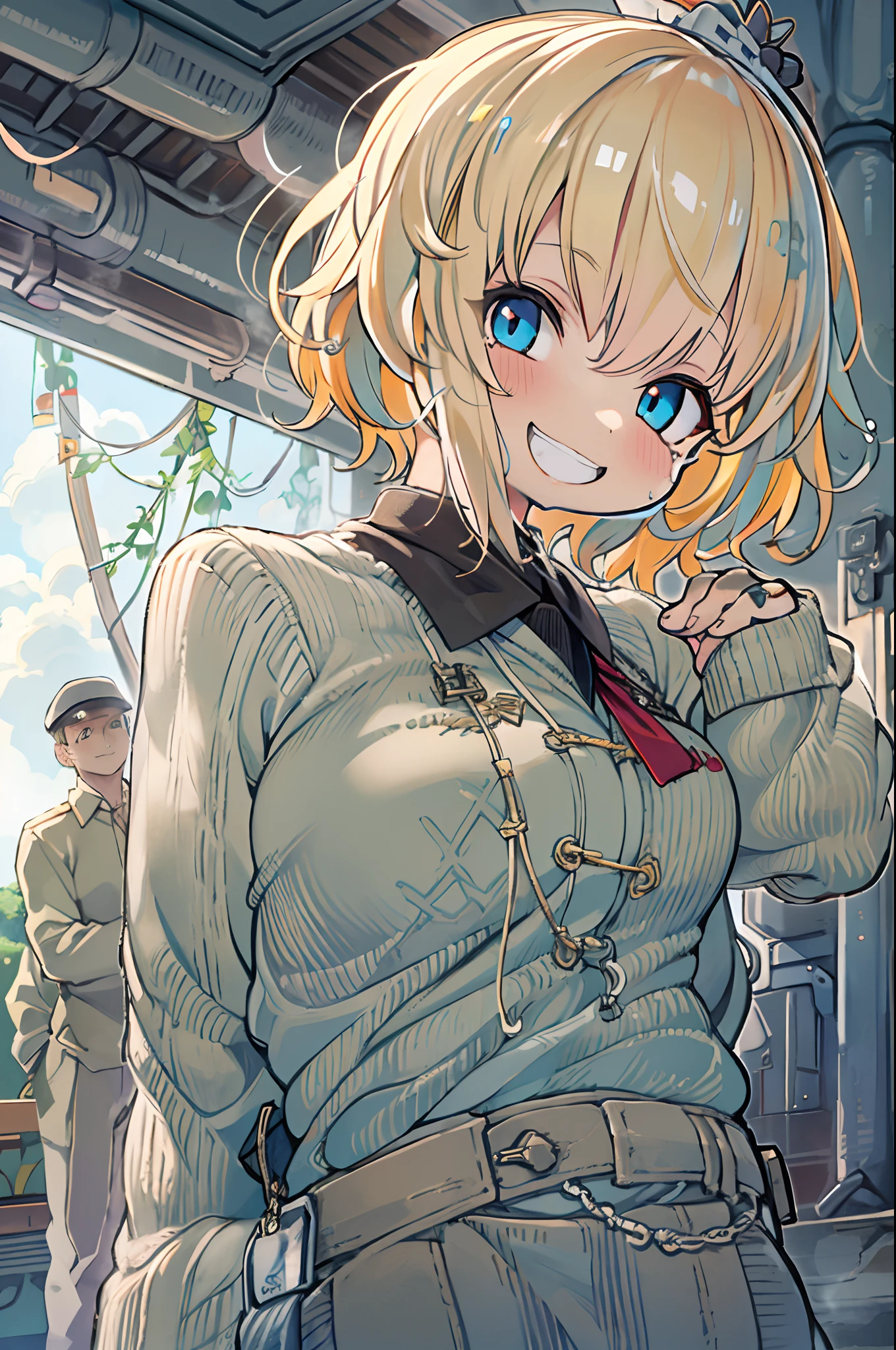 {{masutepiece, Best Quality, extremely details CG, Unity 8k壁纸, Cinematic lighting, }}, Sony α7, wide frame, south pacific, During the war with the Asian powers, The wind blowing on the Aegis ship, 1 girl, Full body, Smile, She is a sailor in the US Navy, Caucasian, 20 years old, Smile, Blonde hair, a short bob, Blue eyes , long eyelashes ,