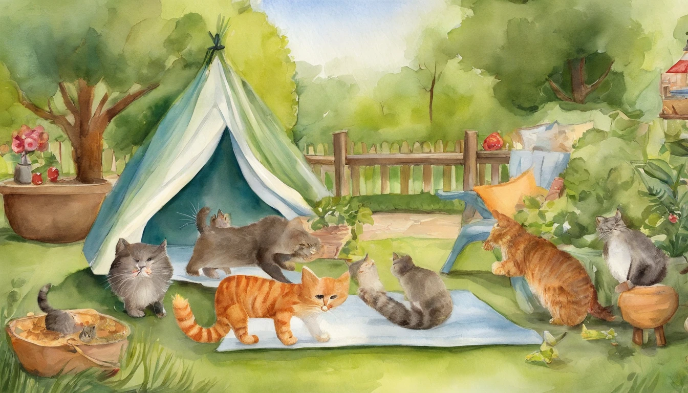 I have two kids playing with cats in the backyard, childrens book illustration, childrens book illustration, childrens book illustration, childrens book illustration, childrens book illustration, childrens book illustration, cute storybook illustration, illustration for children, story book illustration, children illustration, storybook illustration, colorful kids book illustration, a storybook illustration, children illustration