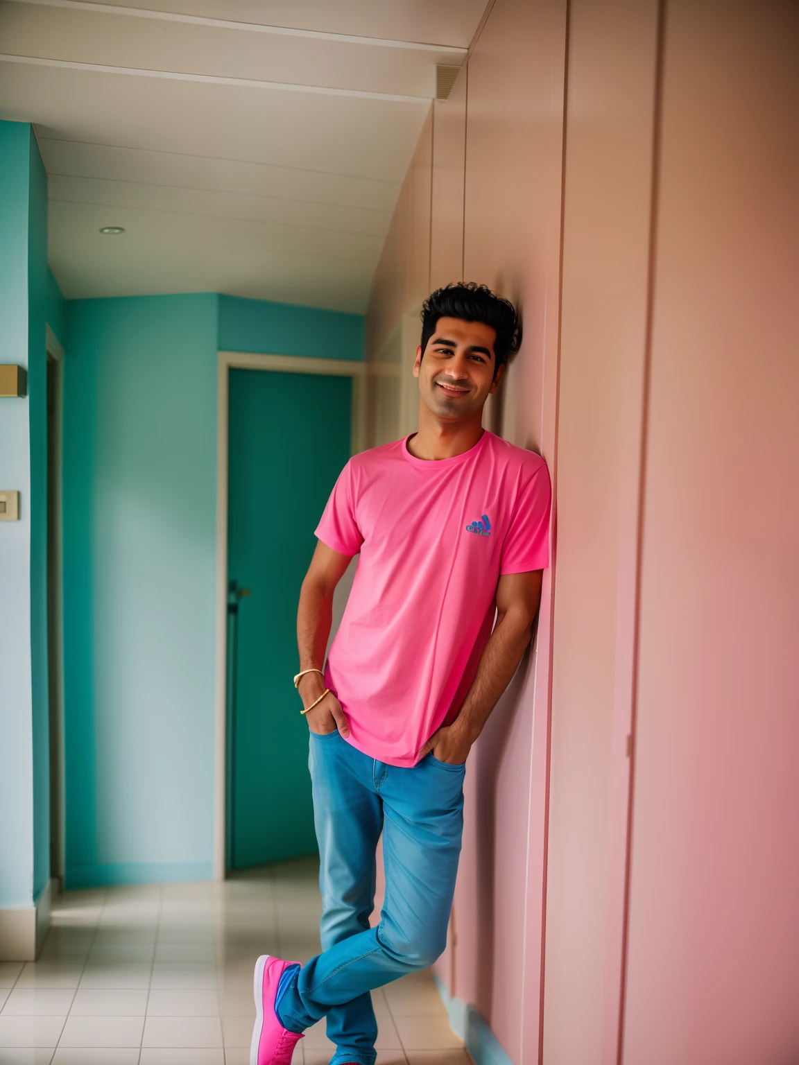 arafed man standing in a hallway with a pink shirt and blue shoes, taken with sony alpha 9, taken with canon 8 0 d, taken with canon eos 5 d mark iv, taken with sony a7r camera, full body photogenic shot, taken with canon 5d mk4, taken with canon eos 5 d, shot with sony alpha