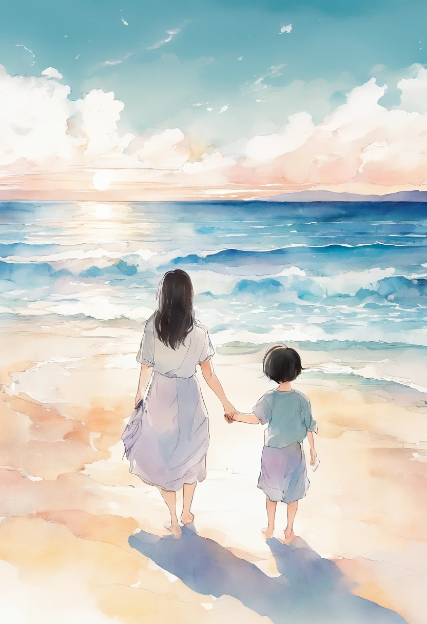 beachside，Light watercolor，Warm picture of mother holding 's hand，Characters only make up one-fourth of the picture，Bright white background，dream magical，