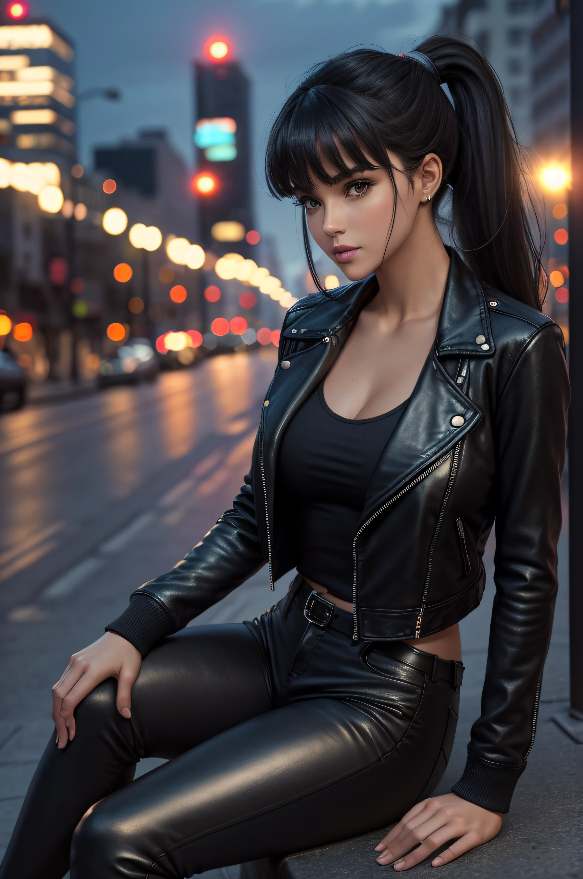 full body Realism, a 22 - year - old girl, dark hair, a ponytail on her head, bangs falling on her face, beautiful hairstyle, light makeup, dressed in a leather jacket, tight leather pants, beautiful shoes on her feet, evening city street in the background, high detail appearance, high detail hairstyle, high detail environment, high detail background, in the background is a modern city, the photo was taken with a photorealistic SLR camera, resolution full hd, 8K