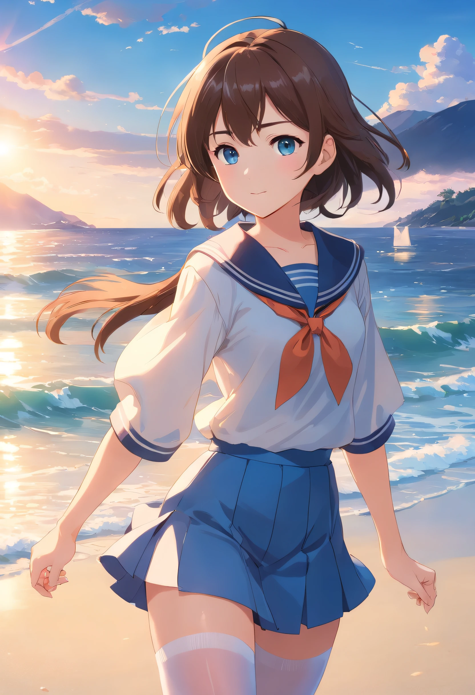 1girll, Beautiful detailed eyes, Brown hair long, Light blue eyes, a sailor suit, High White Stockings, Glossy glossy skin, seaside, Beach, vague, High contrast,ssmile，Side Body，turn back，No headgear，Black JK Skirt ，((masutepiece, Best Quality))