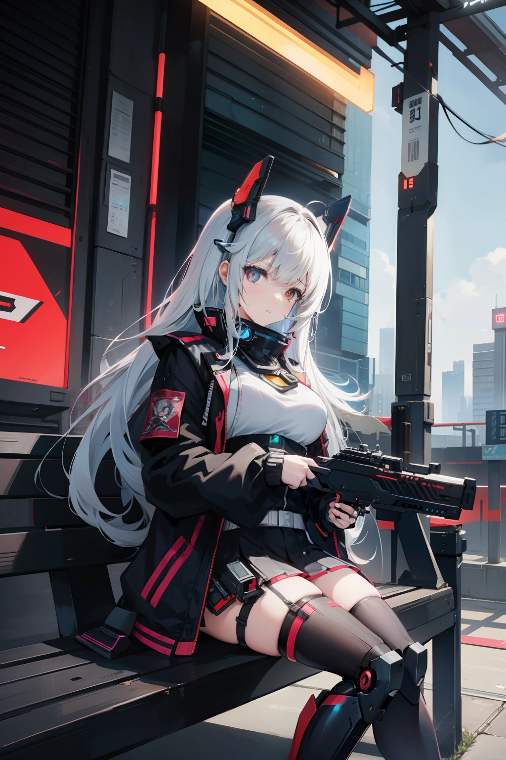 Anime girl sitting on bench，holding a gun in her hand, Best anime 4k konachan wallpaper, cyberpunk anime girl mech, Digital cyberpunk anime art, anime mecha aesthetic, cyberpunk anime girl, girl in mecha cyber armor, Mechanized Valkyrie girl, A scene from the《azur lane》videogame, From Arknights, anime cyberpunk art, female cyberpunk anime girl