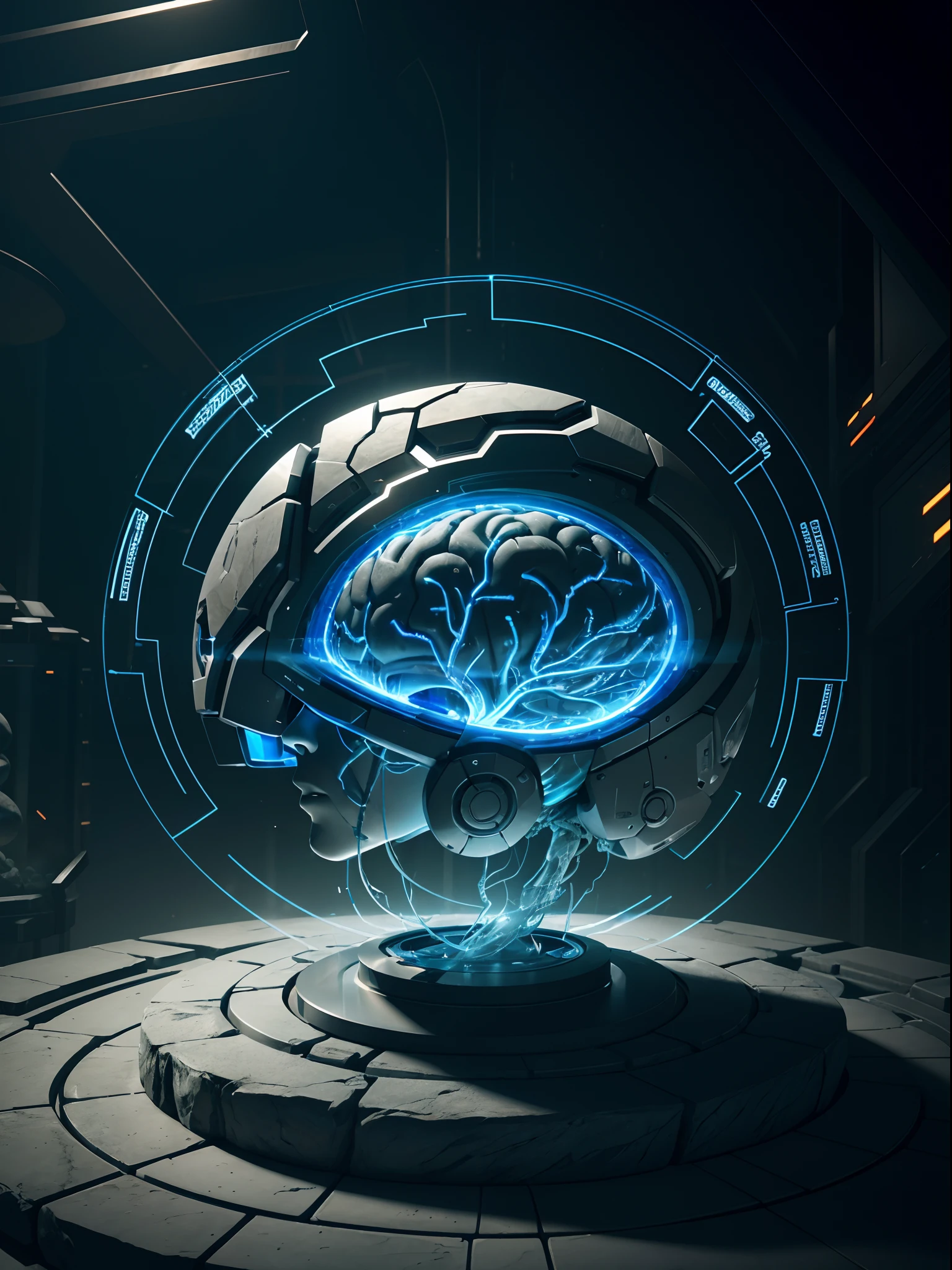 "Cinematic perspective of a cybernetic human brain, jars and tubes connecting it to a hovering robotic arm precisely chiseling shapes into a stone tablet, sculpting an idea directly from the brain as you can see the thought patterns pulsing through neuron links, intricately detailed, volumetric lighting, atmospheric, Octane render"