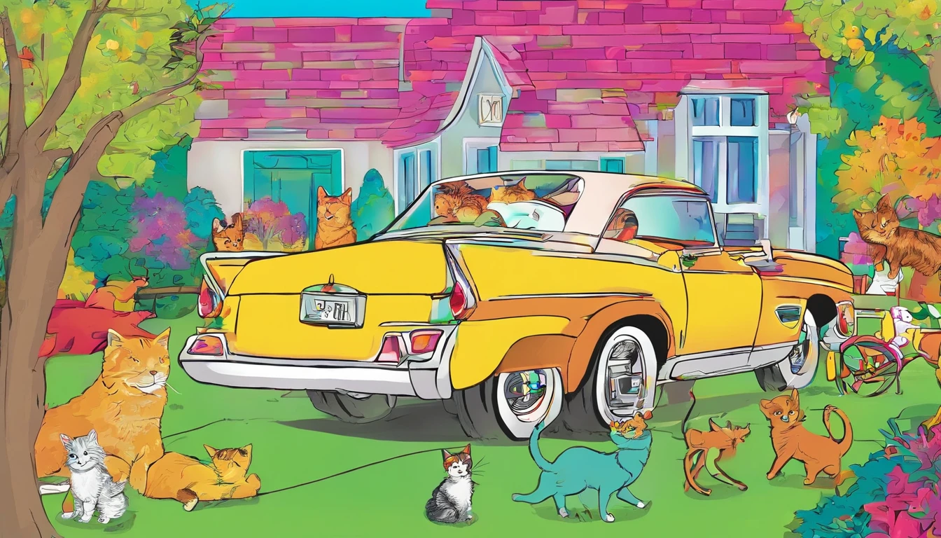 I have 2 kids playing with cats in my backyard, childrens book illustration, childrens book illustration, childrens book illustration, childrens book illustration, childrens book illustration, childrens book illustration, cute storybook illustration, illustration for children, story book illustration, children illustration, storybook illustration, colorful kids book illustration, a storybook illustration, children illustration