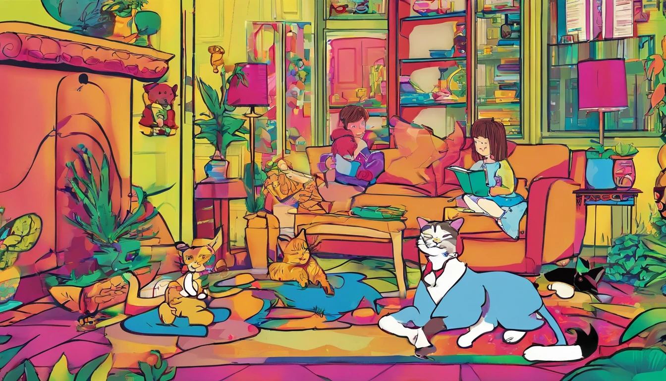 I have 2 kids playing with cats in my backyard, childrens book illustration, childrens book illustration, childrens book illustration, childrens book illustration, childrens book illustration, childrens book illustration, cute storybook illustration, illustration for children, story book illustration, children illustration, storybook illustration, colorful kids book illustration, a storybook illustration, children illustration