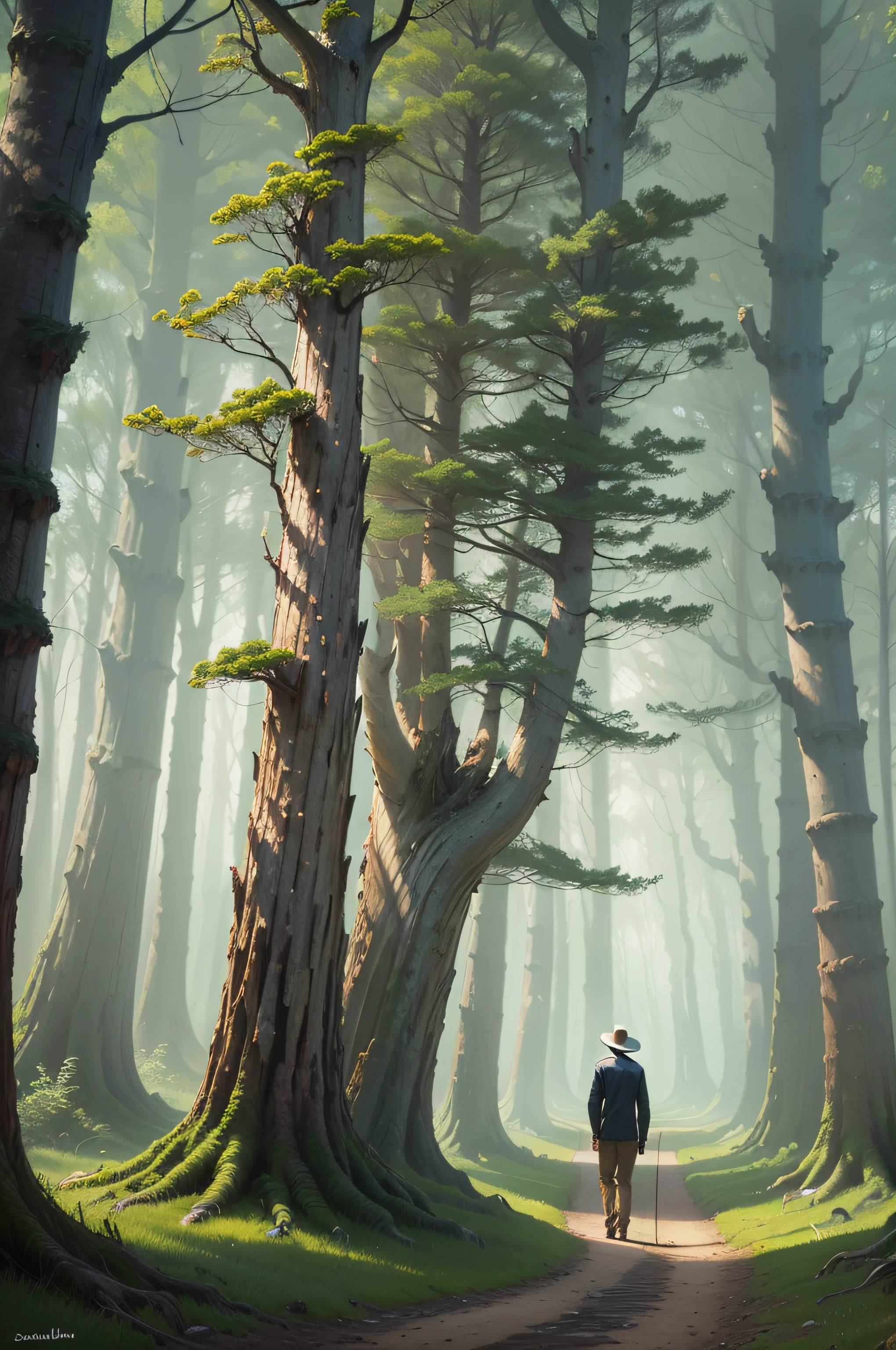 Oil painting on canvas in the style of Salvador Dali, which depicts the plot: (A man walks along a crooked path in the forest among very strange trees, The trees are twisted in a spiral, Among the trees there are straight tall pines, The sky drips down below the horizon)