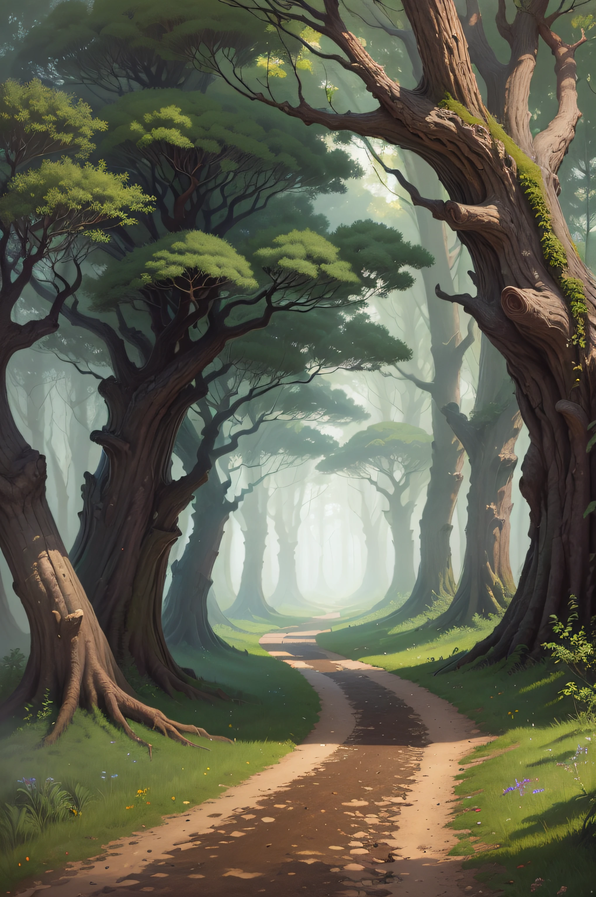 Oil painting on canvas in the style of Salvador Dali, which depicts the plot: (A man walks along a crooked path in the forest among very strange trees, The trees are twisted in a spiral, Among the trees there are straight tall pines, The sky drips down below the horizon)
