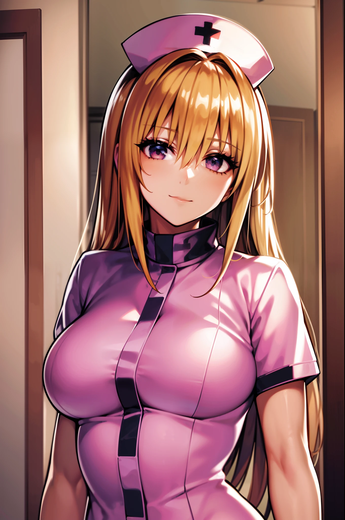 blonde Hachimiya Meguru with twintails, a very detailed face, blue eyes, very large breasts, erect nipples, a slim waist, slim hips, pink tight t-shirtdress, a pink star necklace, long chain earrings, sitting in a living room with a sofa and a table