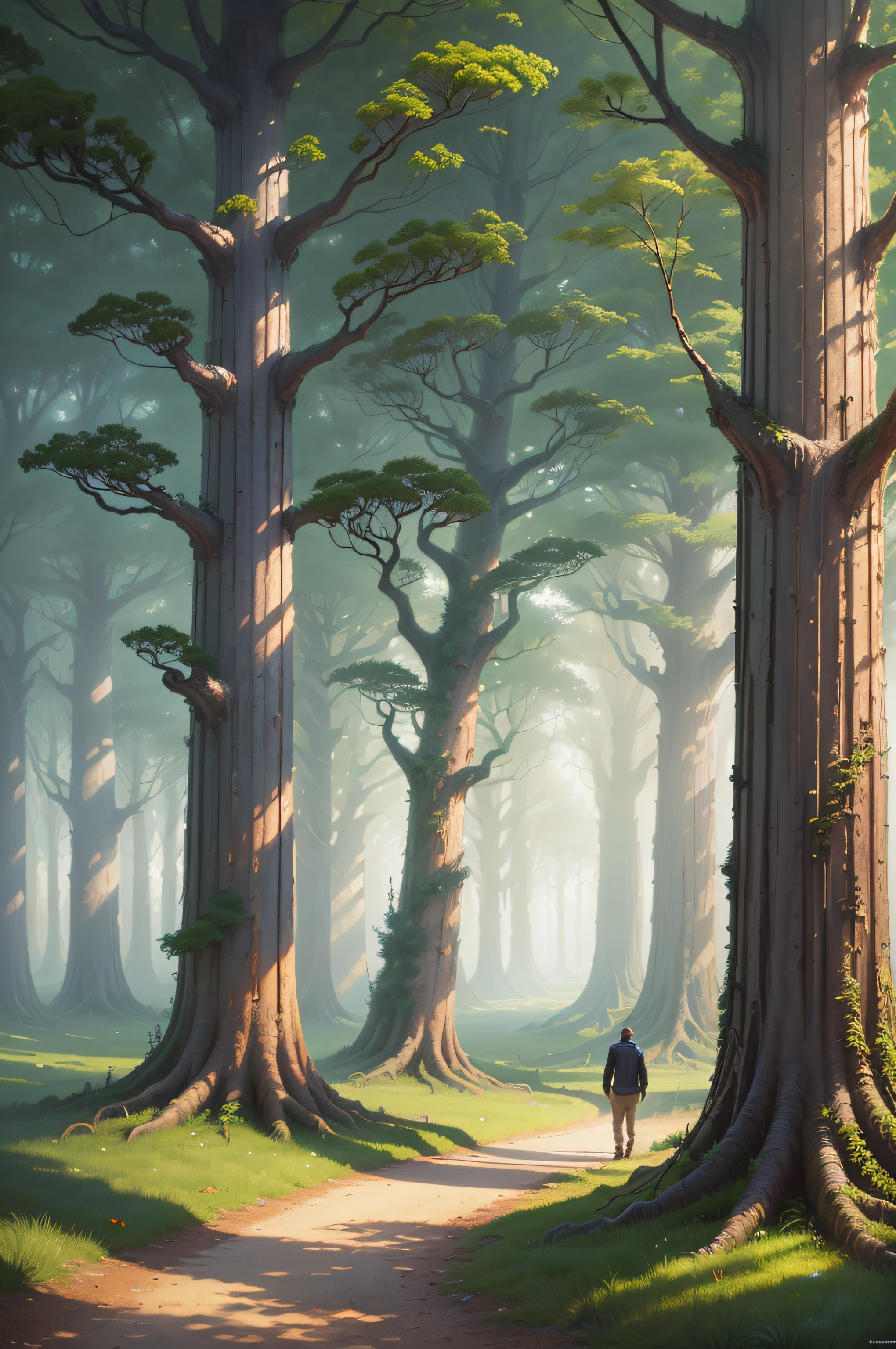 Oil painting on canvas in the style of Salvador Dali, which depicts the plot: (A man walks along a crooked path in the forest among very strange trees, The trees are twisted in a spiral, Among the trees there are straight tall pines, The sky drips down below the horizon)