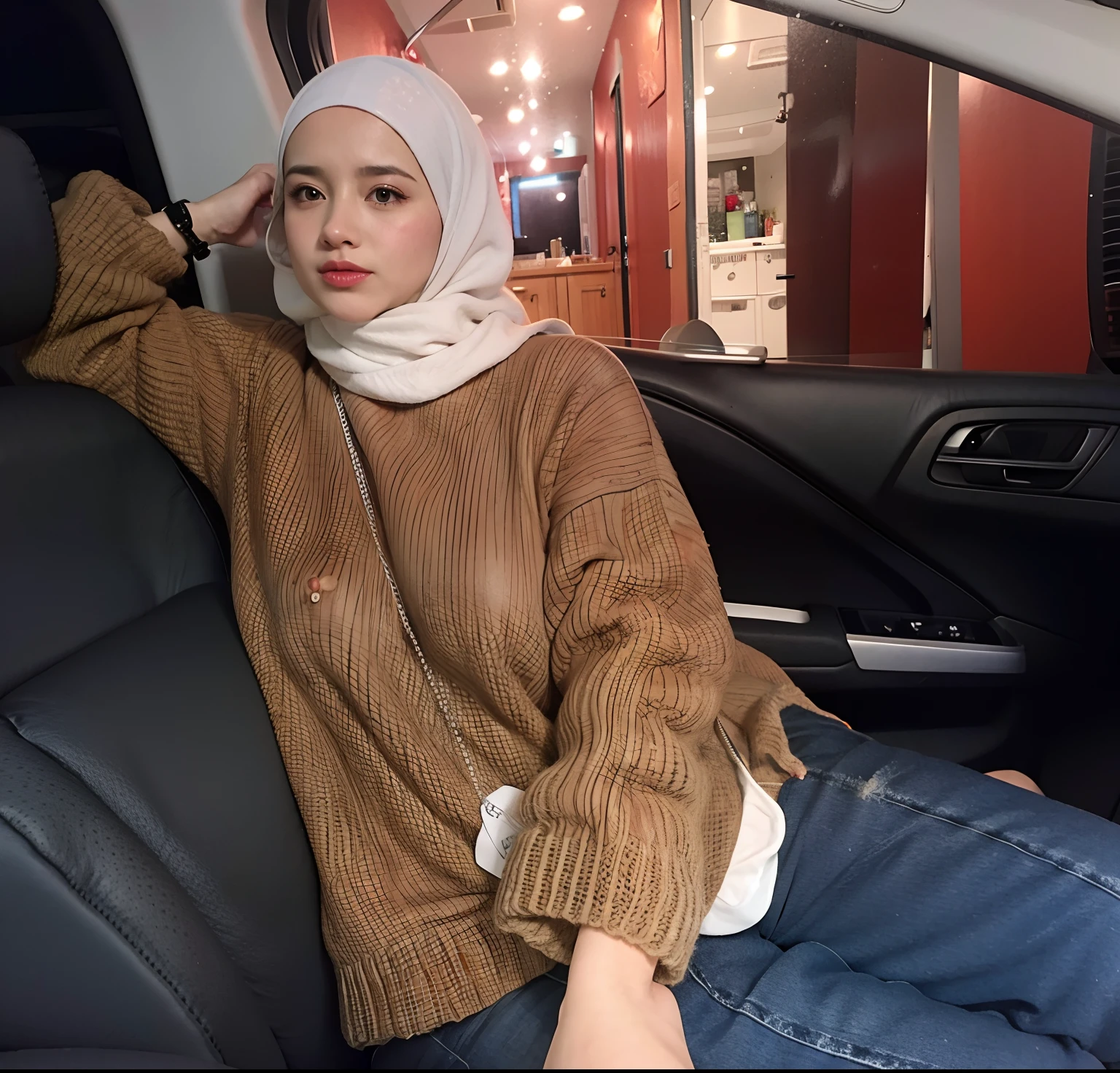 1 lady, 20 years old, best body, wearing peach hijab, hijab covers whole hair, wearing brown sweater, very tight sweater, warm lighting , sitting in train, leaning back, eyes closed, head resting on window, casual wear, close shot, shiny skin, big breast (huge breast 1.6), shot from front