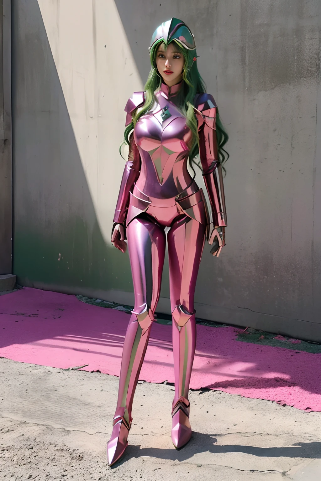 realistic image 8k, 1 beautiful girl full body of (long wavy green hair), slim waist, (saint seiya shun andromeda armor of metallic pink color), (helmet metallic pink color)