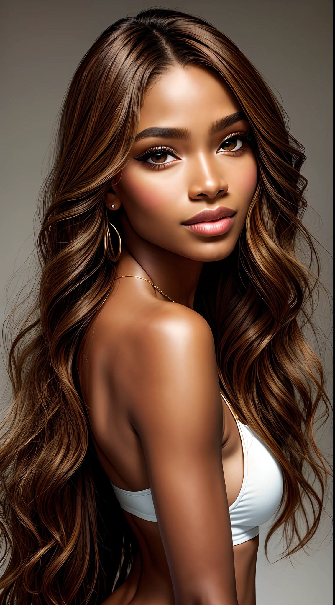 best quality, ultra high res, (photorealistic:1.4), masterpiece, 1girl, brown skin color, brown_eyes, from_behind, fur_trim, hair_over_one_eye, lips, long_hair, make up, looking_at_viewer, looking_back, nose, photo_\(medium\), photorealistic, realistic, solo, teeth, upper_body