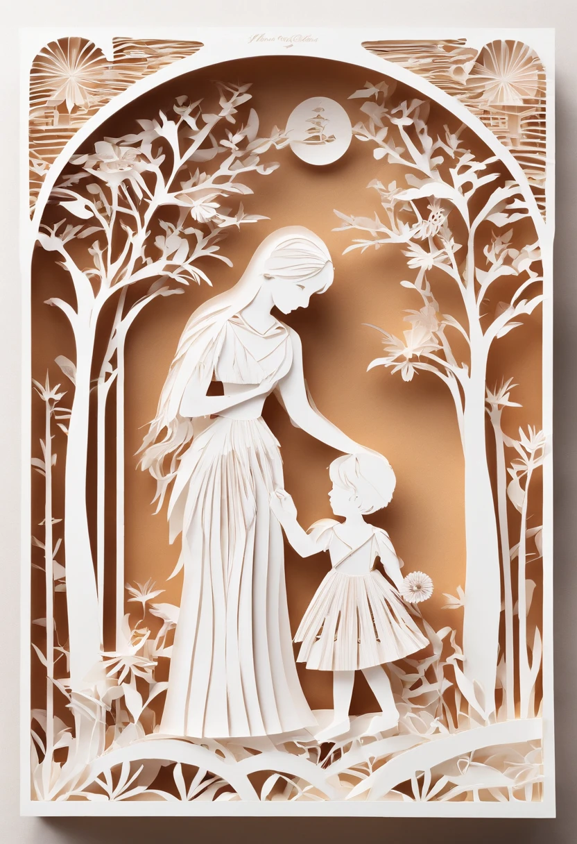 beachside，Warm picture of a mother holding her child's hand，The characters are a little smaller，Bright white background，dream magical，