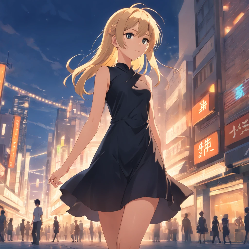 A beautiful and attractive woman dressed in a black short dress with a 175 cm tall blonde light bronze skin