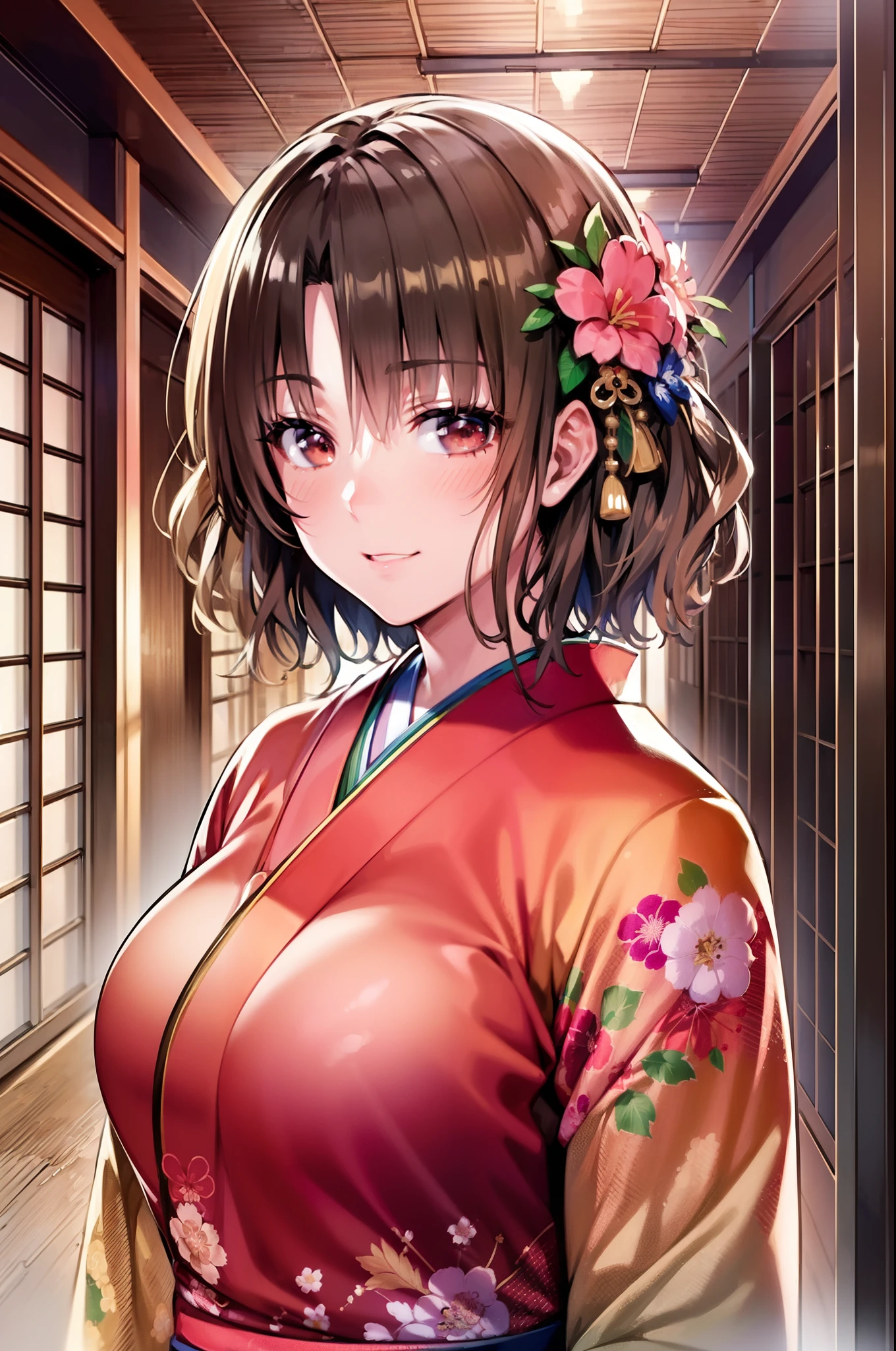 (((Naughty kimono))), Brown hair, short-hair, The highest image quality, hightquality, high detailing, 超A high resolution, 8K, depth of fields, Cinematography, intricate detailes, Elaborate, meticulous, Magnificent, Maximum Detail, Extreme beauty