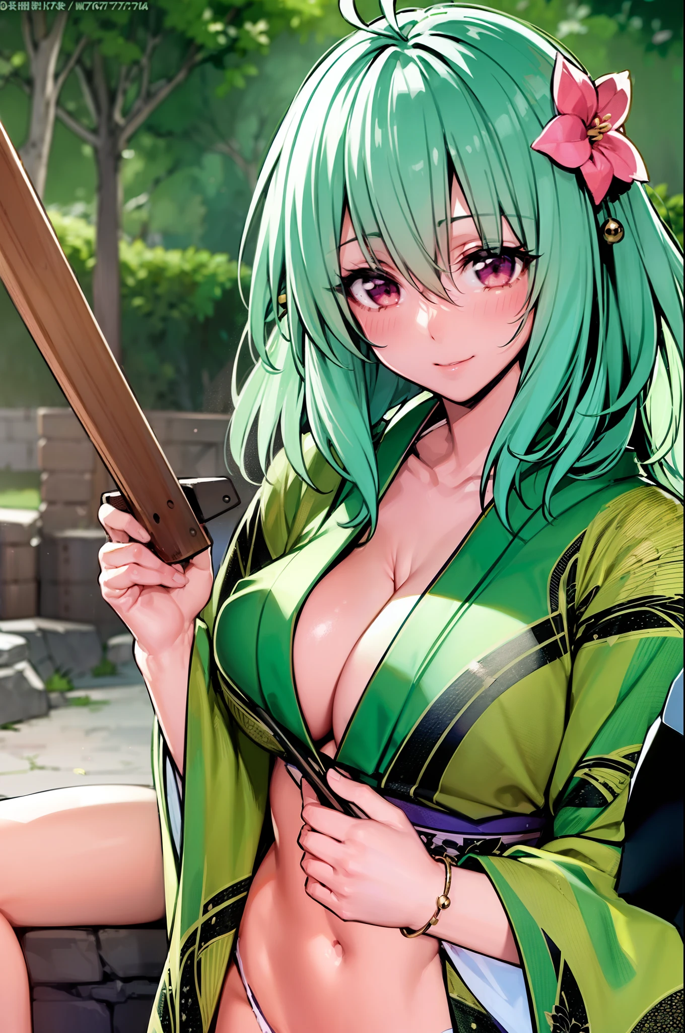 (((Naughty kimono))), Emerald green hair, short-hair, The highest image quality, hightquality, high detailing, 超A high resolution, 8K, depth of fields, Cinematography, intricate detailes, Elaborate, meticulous, Magnificent, Maximum Detail, Extreme beauty