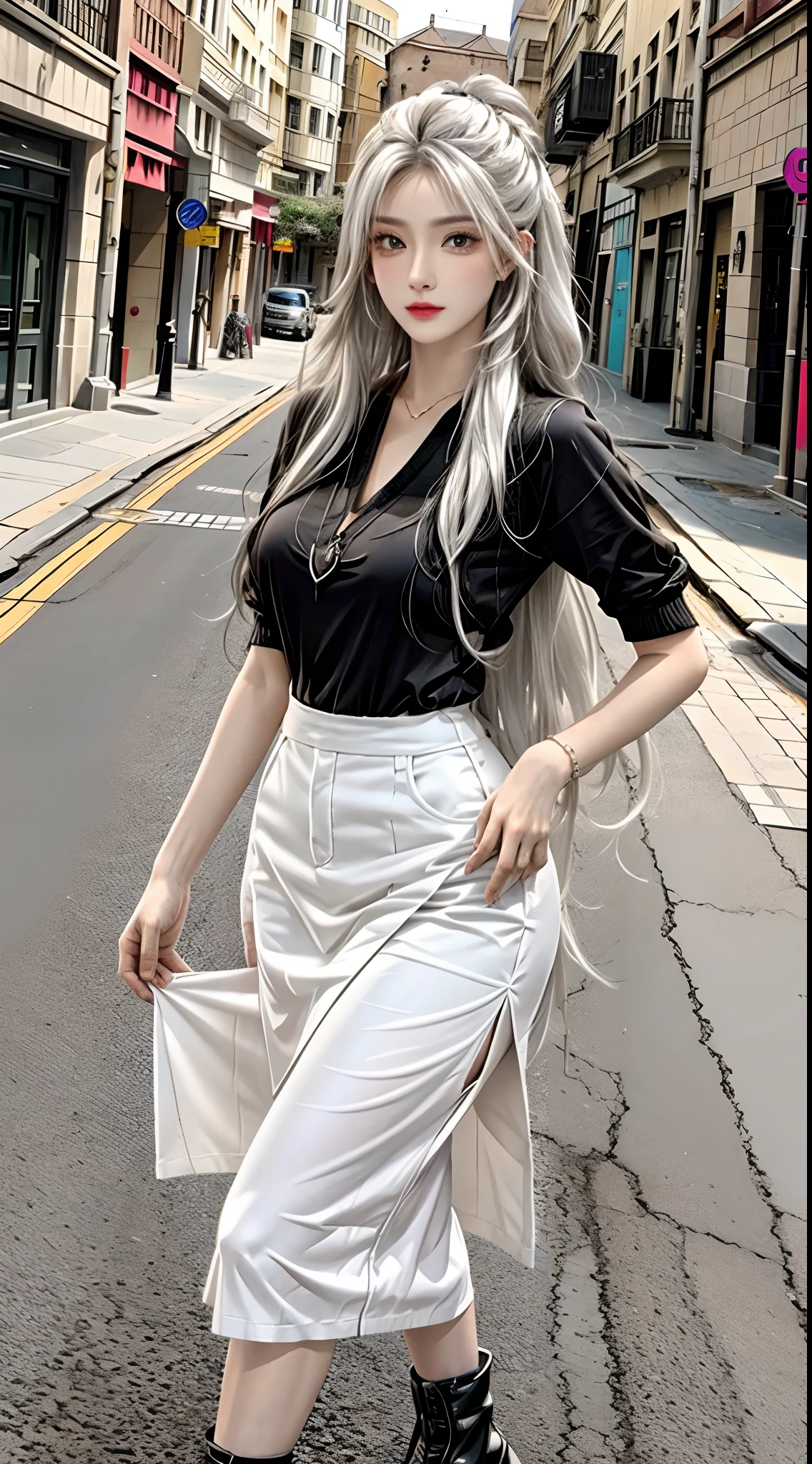 high resolution, 1 woman, hips up, Beautiful eyes, Long hair, ringed eyes, jewelry, tattoo, colorful street wear, white hair, thick skirt