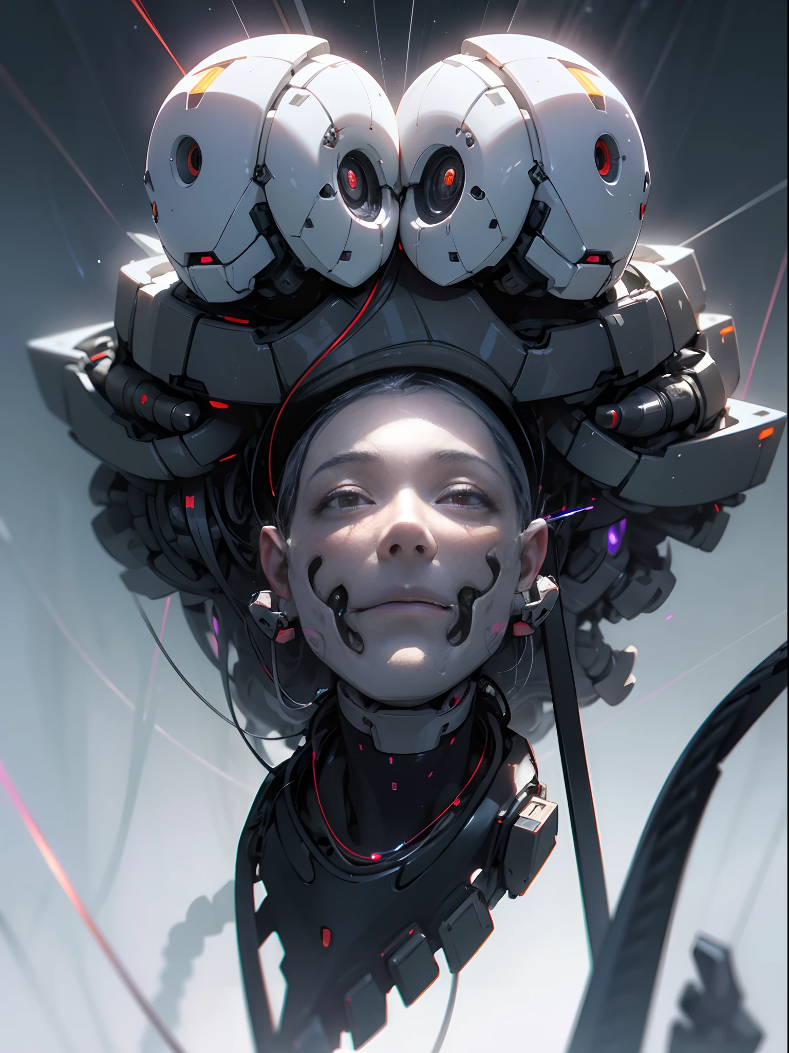 "Intricate 3D render of a robotic human head sliced in half diagonally, inner layers fading from metal to synthetic flesh to reveal complex neural wiring, pathways, and biocircuitry woven between carbon fiber supports, tiny robotic arms actively remodeling connections, matrix of laser lights reprogramming the neural net, volumetric lighting, Octane render, detailed"