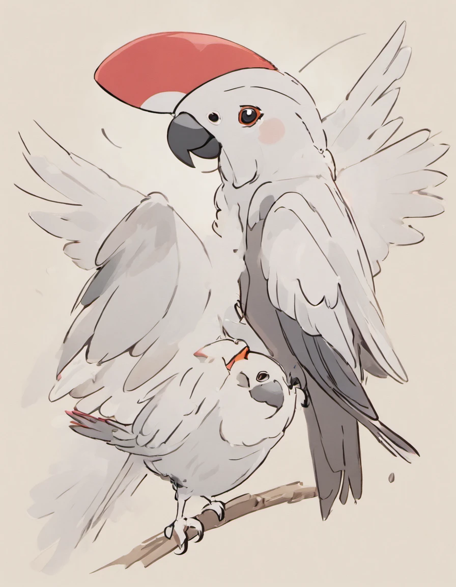 I would like to create the following animal in the sowsow pokemon art style, The African Grey Parrot, known scientifically as Psittacus erithacus, is a remarkable and highly intelligent avian species that captivates bird enthusiasts worldwide. These parrots are native to the dense rainforests of West and Central Africa, where their striking appearance and extraordinary abilities have earned them a well-deserved reputation as one of the most coveted and cherished parrot species.

What immediately sets the African Grey Parrot apart is its striking plumage. These birds are adorned in varying shades of grey, with a scalloped pattern on their feathers that adds an air of elegance to their appearance. A striking crimson tail is a distinctive feature that provides a splash of vibrant color. Their sharp, intelligent eyes are surrounded by a white mask-like pattern, creating a look of perpetual curiosity and alertness.

However, it's not just their appearance that makes African Grey Parrots extraordinary; it's their unparalleled intelligence. These parrots are renowned for their exceptional cognitive abilities and knack for learning complex tasks and words. They are famous for their advanced vocal mimicry skills, often able to replicate human speech with astonishing accuracy. Beyond mimicry, African Greys can understand and use words and phrases in context, demonstrating an astonishing level of comprehension.

In terms of temperament, African Grey Parrots are known for their affectionate yet independent nature. They often form deep bonds with their human companions, seeking companionship and interaction. However, they also value their alone time and can entertain themselves with toys and puzzles. Their playful antics and ability to engage in meaningful conversations make them beloved members of countless households around the world. Can you make it have a white background too please,