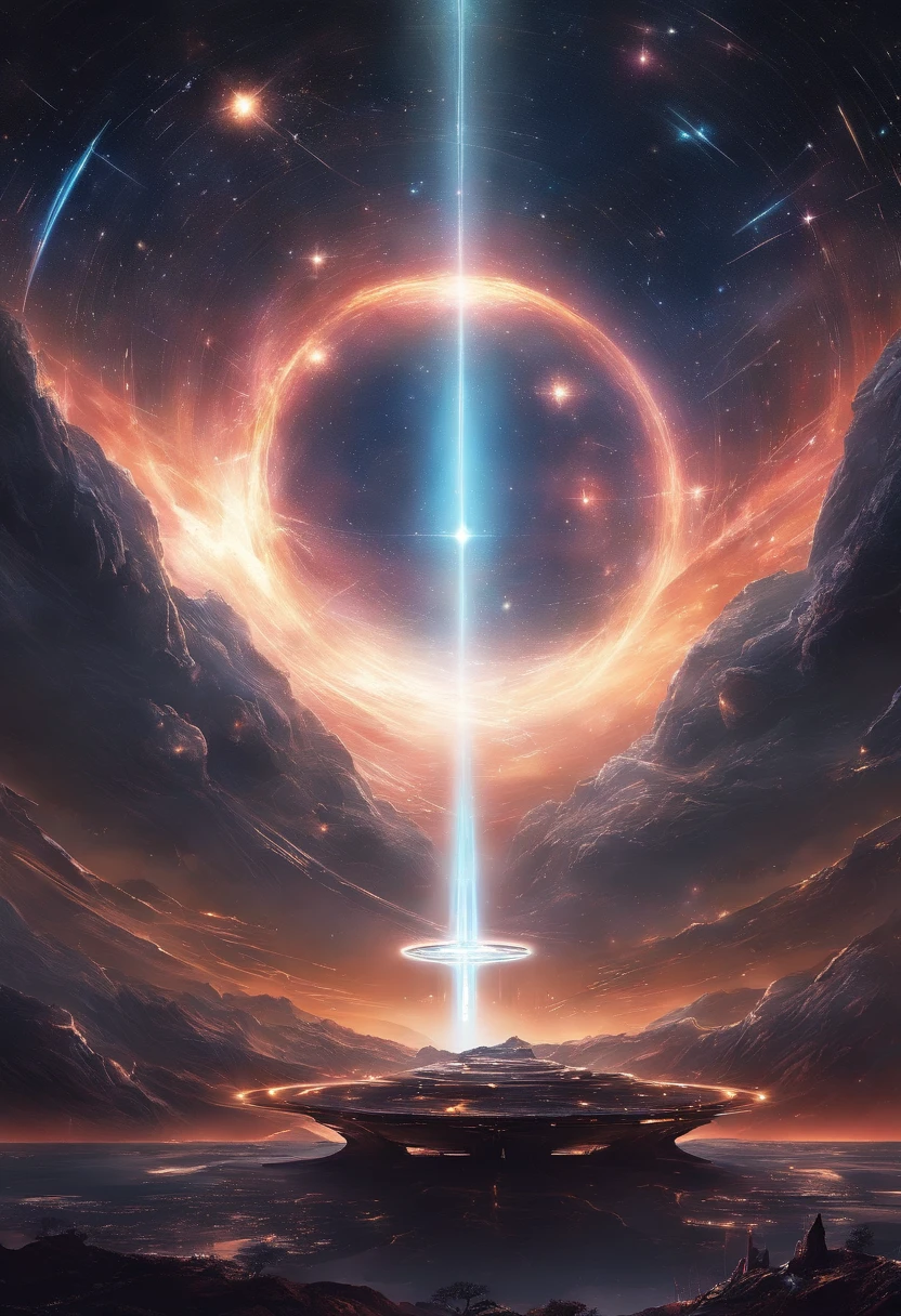 ((Masterpiece)),(Best quality)),Magnificent space image scene,heavenly body,Interstellar,((Huge star gates)),black hole,(((Huge starship))),Spaceship,Shining starry sky,8K,super-fine,high qulity