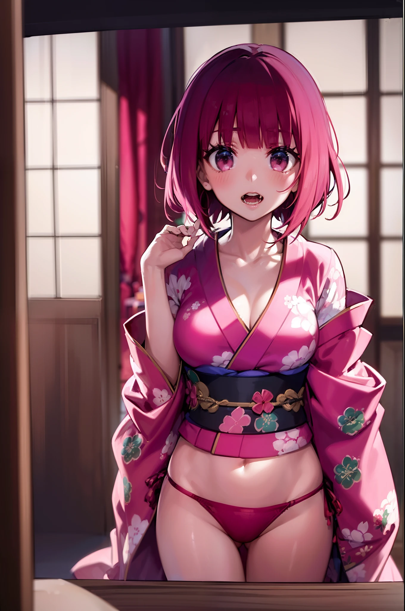 (((Naughty kimono appearance))), ((Pink underwear)), Red hair, short-hair, The highest image quality, hightquality, high detailing, 超A high resolution, 8K, depth of fields, Cinematography, intricate detailes, Elaborate, meticulous, Magnificent, Maximum Detail, Extreme beauty