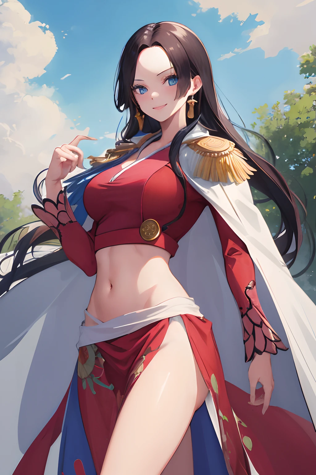 masterpiece, best quality, highres, hancock1, 1girl, boa hancock, large breasts, long hair, epaulettes, cape, crop top, side slit, cowboy shot, stading, outdoors, smile,