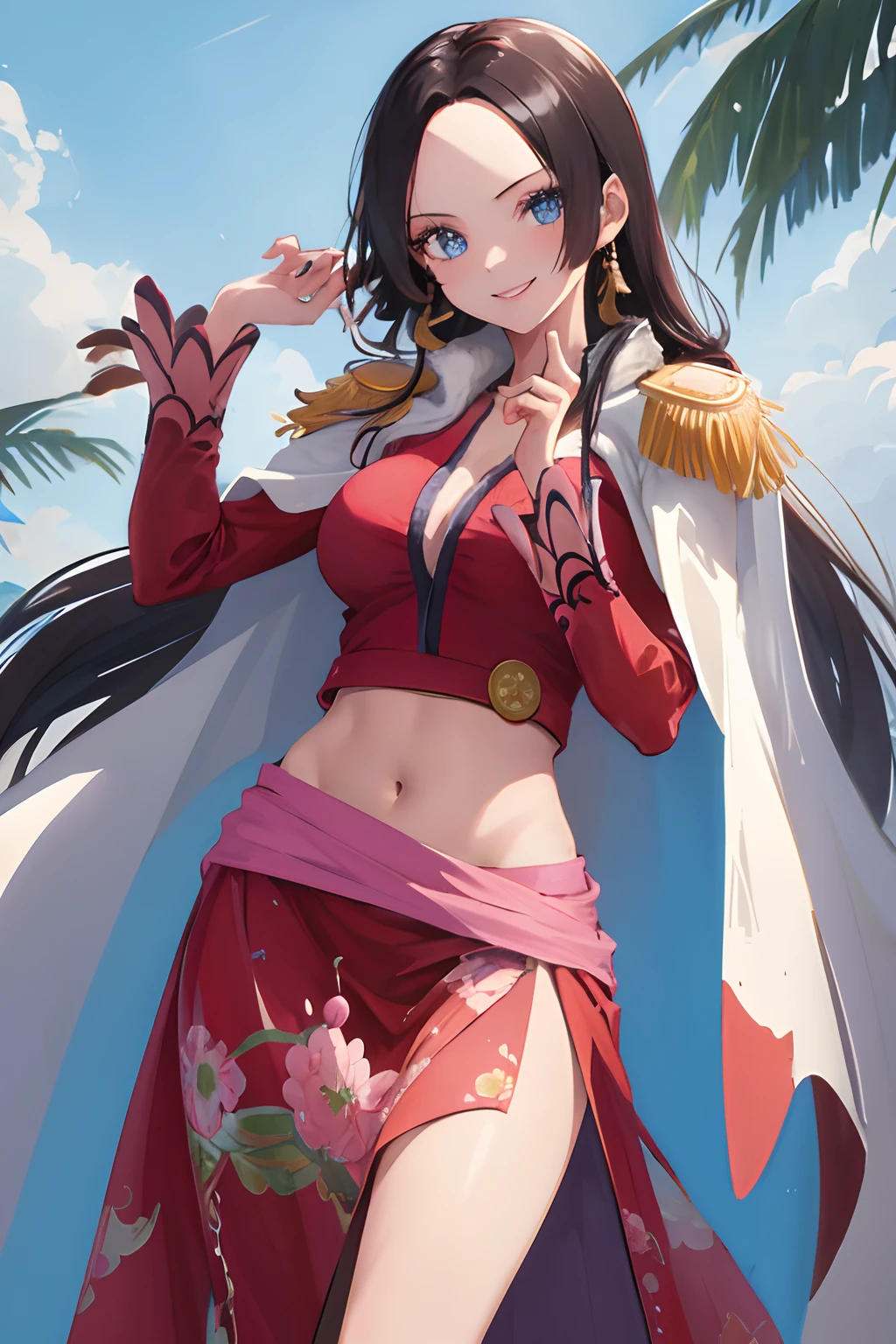 masterpiece, best quality, highres, hancock1, 1girl, boa hancock, large breasts, long hair, epaulettes, cape, crop top, side slit, cowboy shot, stading, outdoors, smile,