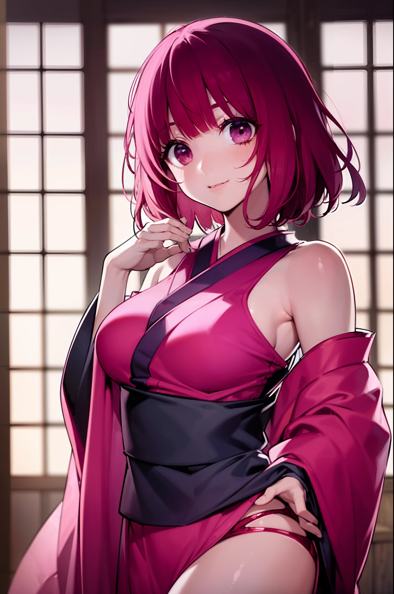 (((Naughty kimono appearance))), ((Pink underwear)), Red hair, short-hair, The highest image quality, hightquality, high detailing, 超A high resolution, 8K, depth of fields, Cinematography, intricate detailes, Elaborate, meticulous, Magnificent, Maximum Detail, Extreme beauty