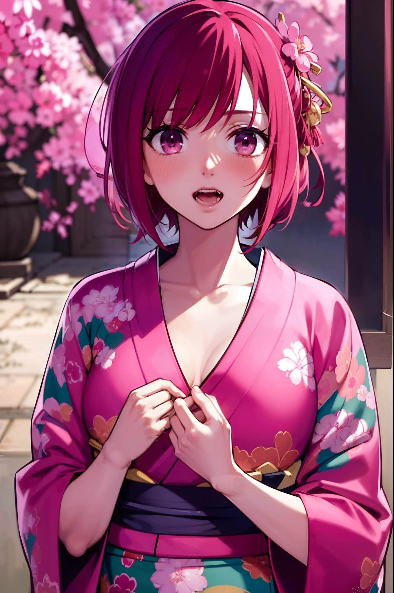 Very detailed CG Unity 8K wallpaper, Cute One lady, Mature Hair、lady ,beautiful lady, pale skin (Super masterpiece, Beautiful person, well detailed face polluted smile, Photorealistic, hyper realisitic), Colorful winter kimono in pink and white colors、(white fur)、Japanese Style Hair Accessories、smile、Japanese background with light pink flowers and snow、Portrait、(flat chest:1.3)、(Glowing Skin:1.7)、Detailed eyes、Big eyes、Open your mouth、Hide your arms、(shinobu miyake:1.5, long hair, bangs, purple hair, (green eyes:1.5))