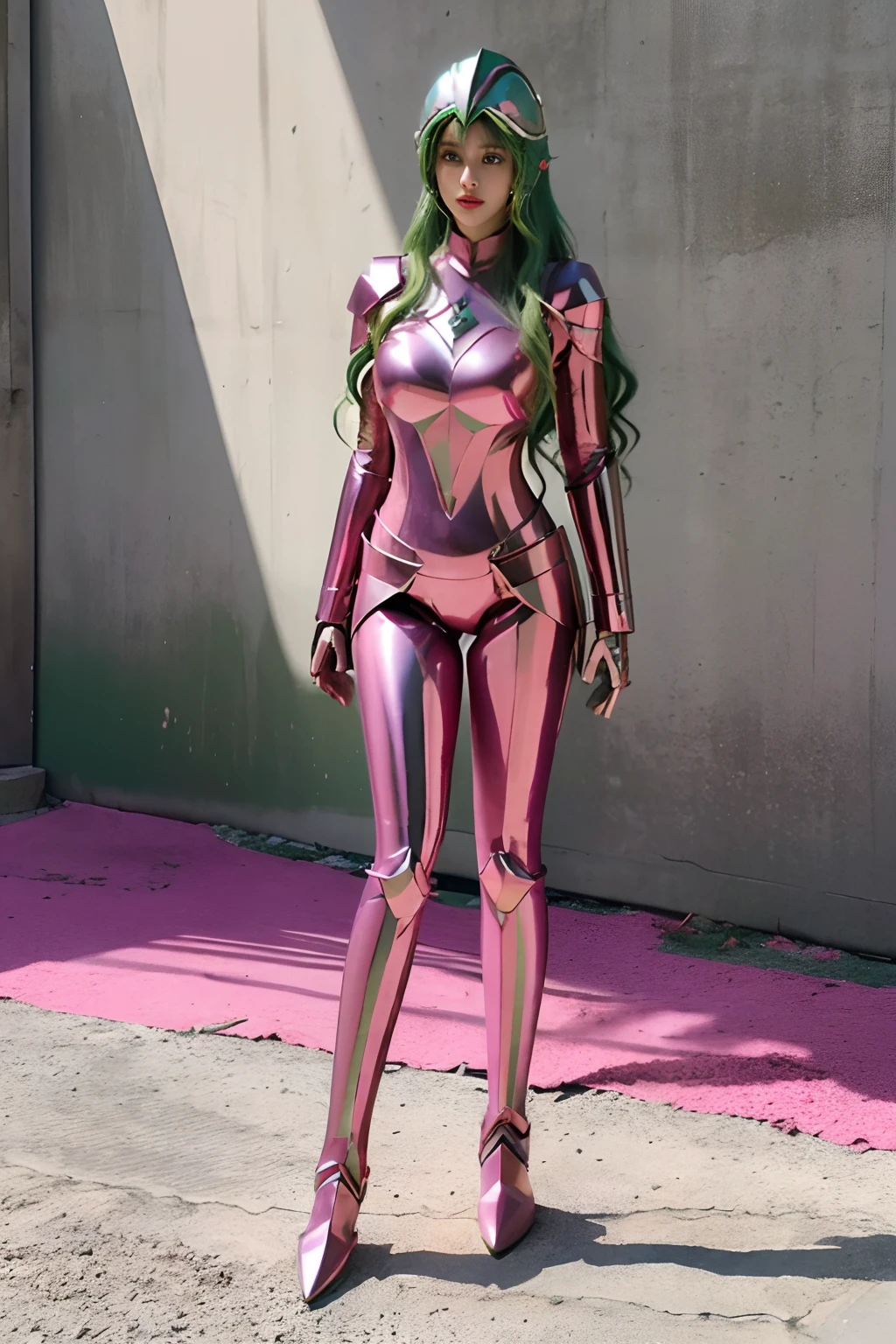 realistic image 8k, 1 beautiful girl full body of (long wavy green hair), slim waist, (saint seiya shun andromeda armor of metallic pink color), (helmet  metallic pink color)