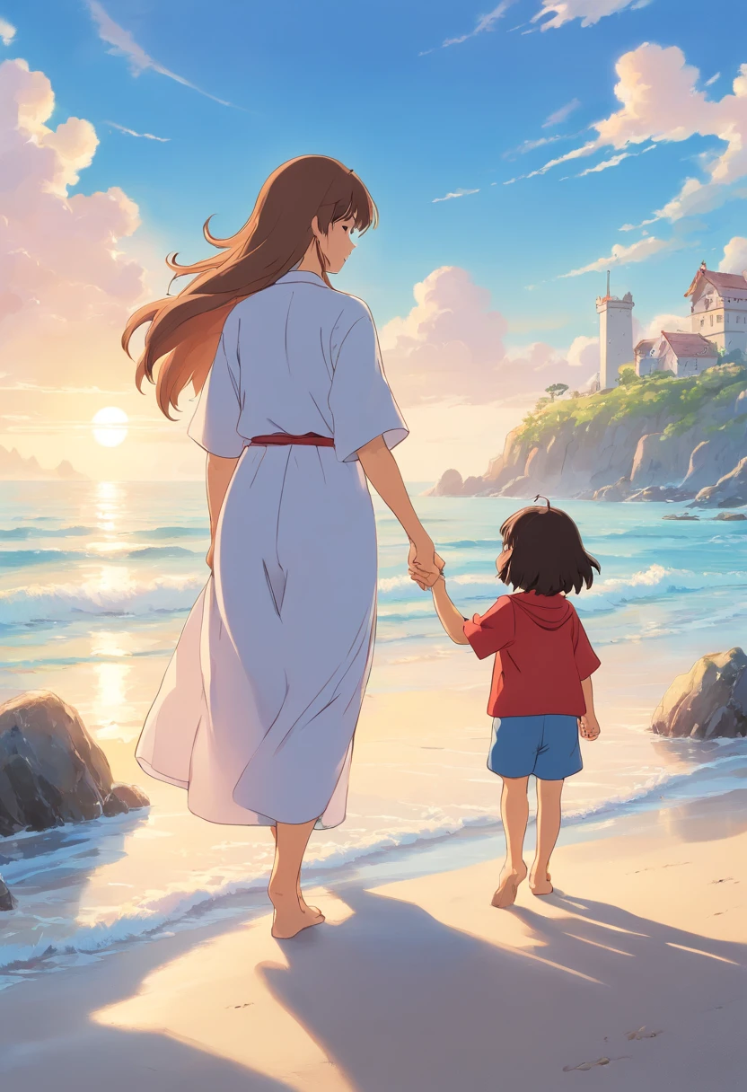 beachside,Warm picture of a mother holding her child's hand,Characters only take up 1/6 of the frame,Bright white background,dream magical,