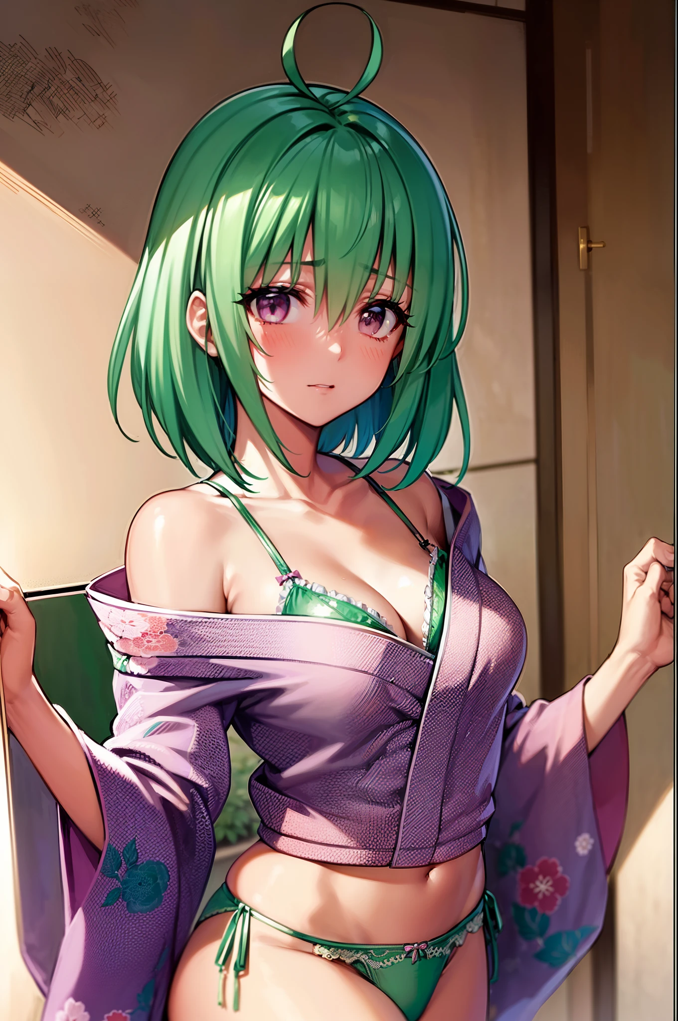((Handcuffed)), (((kimono))), (((Underwear))), Emerald green hair, short-hair, The highest image quality, hightquality, high detailing, 超A high resolution, 8K, depth of fields, Cinematography, intricate detailes, Elaborate, meticulous, Magnificent, Maximum Detail, Extreme beauty