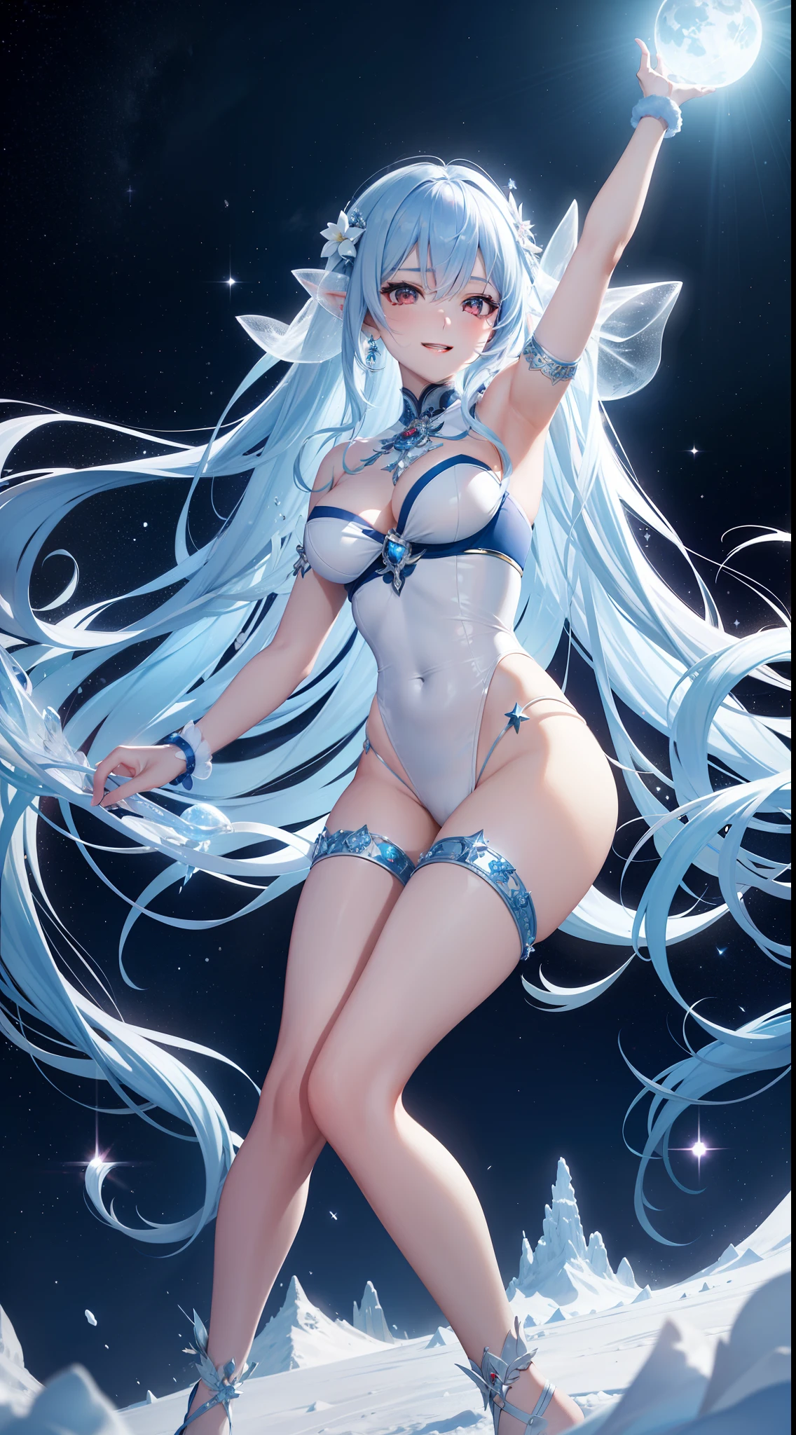 Super Idol a beauty girl A charming smile sky blue hair length hair Bright red and white costume Mystical Fantasia constellation a moon Crystal brilliance
Spirit of Polar Light
World of ice and snow
The power of light and magic
Guardian of nature
Symbol of good luck or blessing
Butoh and music
Fantastic existence
Polar Fairy
Arctic and Antarctic
Beauty and mystique