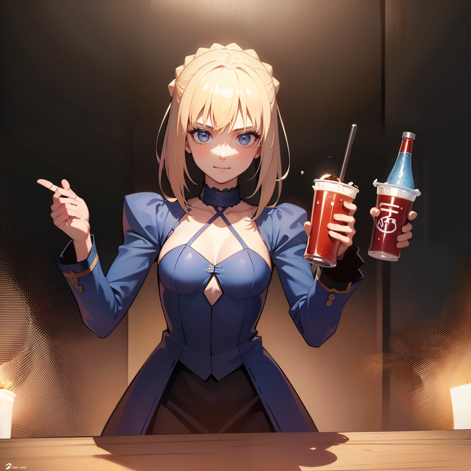 Five-guy sword , Boire un Dr Pepper , restauration rapide , High resolution , Ultra detailded , Detailed face, sit at a table , five guys logo , drinking a soda ,splashart, burger