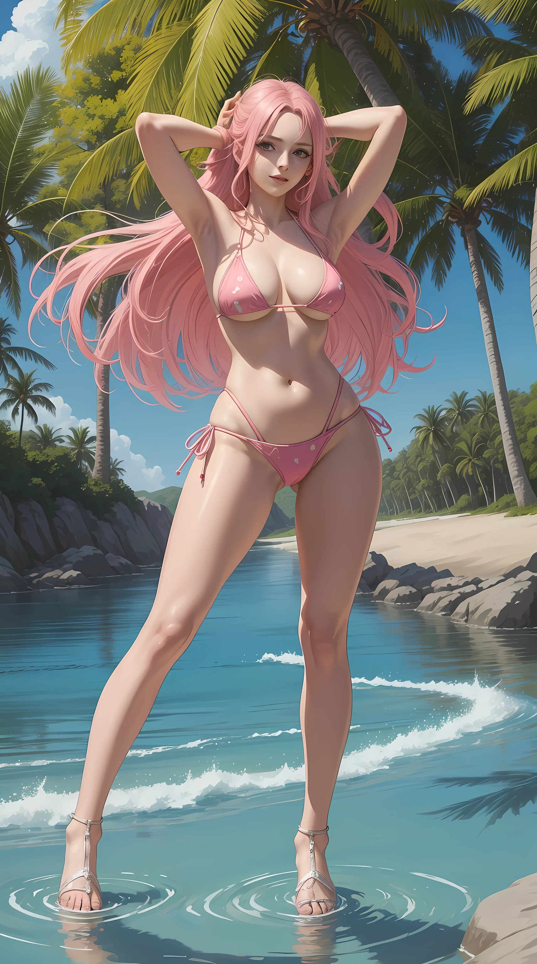 Rebecca from the anime One Piece, long hair, pink hair, holding the back of her hair, both hands holding the hair on the back of her head, showing her armpits, beautiful, beautiful woman, perfect body, perfect breasts, wearing a beach bikini, light yelow bikini, bikini expensive, on the beach, beautiful beach, very beautiful, coconut trees, looking at the viewer, a slight smile, realism, masterpiece, textured skin, super detail, high detail, high quality, best quality, 1080p, 16k