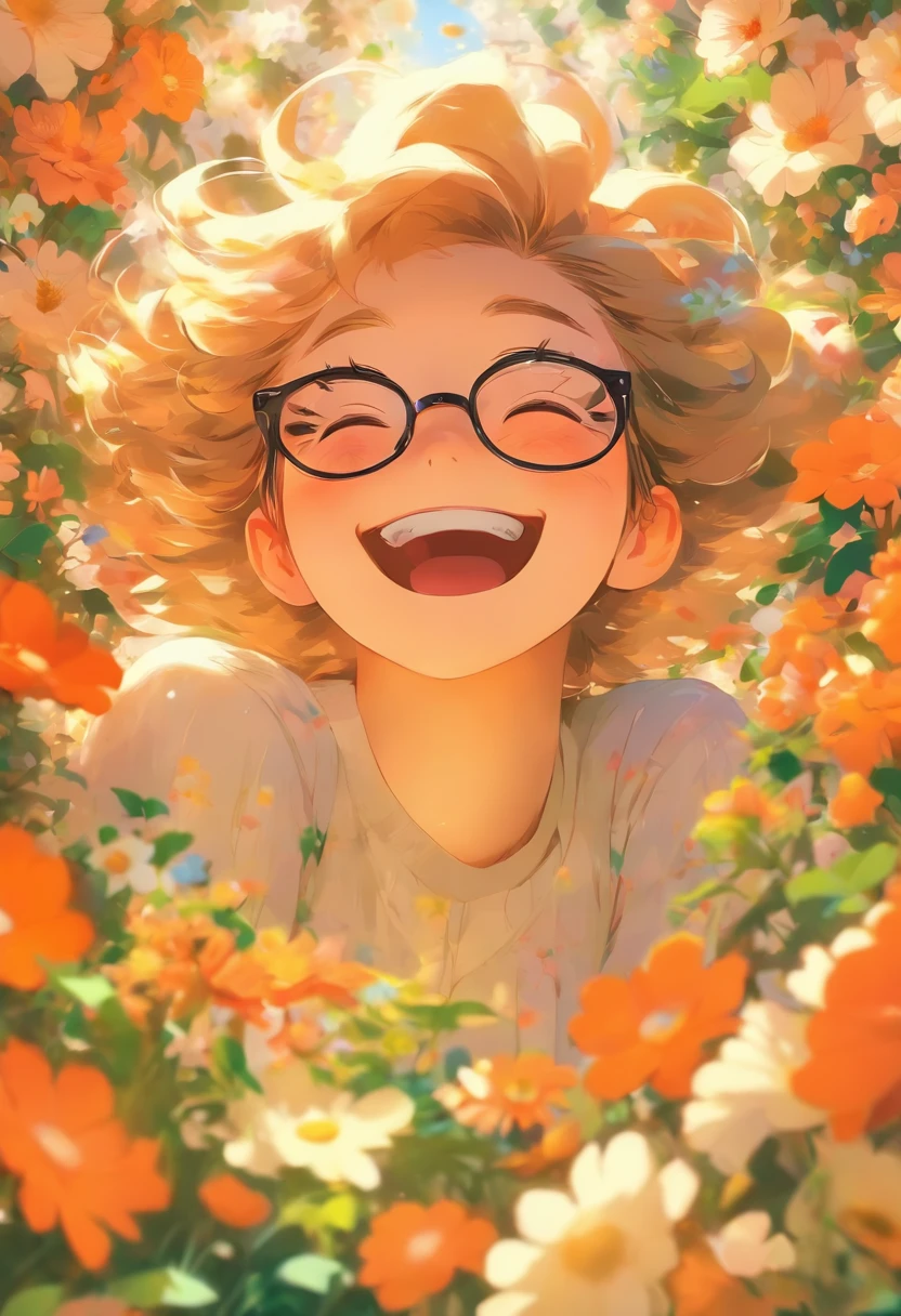 Girl with small eyes in the shade of glasses，Laugh happily，The back is surrounded by many flowers