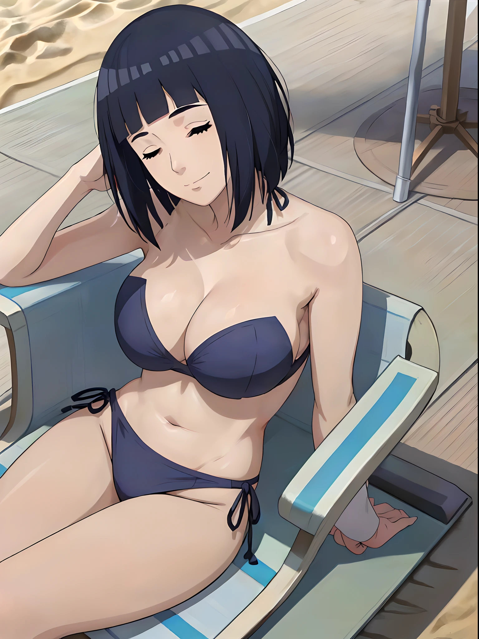 (WALLPAPER,  (hinata\(boruto\), (((very simple strapless bikini))), masterpiece, 4k, vector coloring, whole body shot, (high color saturation), contrast lighting, mature female, (curvy:0.8), solo, anime style, sharp focus, professional artwork, intricate details, colorful, vibrant colors, vivid colors, digital blending, ultra detailed body, ultra detail hair, ultra detail face, trending on pixiv, very hot colors, (((beach background, outdoors))), detailed bold arm lines, high color saturation, bold lines, bold drawing lines),
(((sunbathing chair, laying down on chair, sunbathing, sleeping)), (head tilt), closed mouth, kind smile, gentle look),
((dark blue hair color:1.1), wavy hair, ((short hair, hime cut)),
(closed eyes, smoky eyeliner, eyeshadow)
(white skin, (fair skin), slender body, milf, perfect face),
(legs, big breasts, off-shoulders, (detailed shoulders, detailed arm lines)), 
(bare shoulders, bare legs, (closed fists),