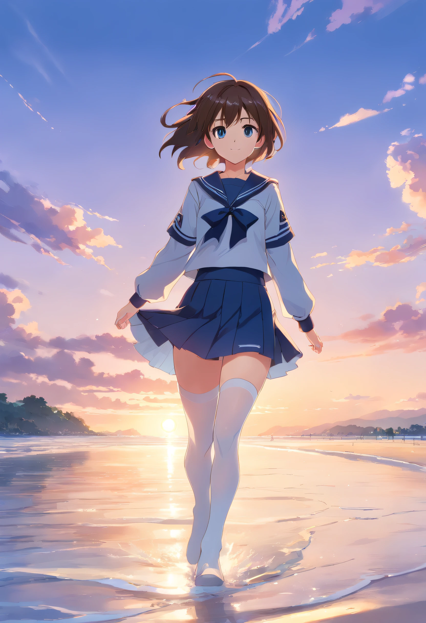 1girll, Beautiful detailed eyes, Brown hair long, Light blue eyes, a sailor suit, High White Stockings, Glossy glossy skin, seaside, Beach, vague, High contrast,ssmile，Side Body，turn back，No headgear，Black JK Skirt ，((masutepiece, Best Quality))