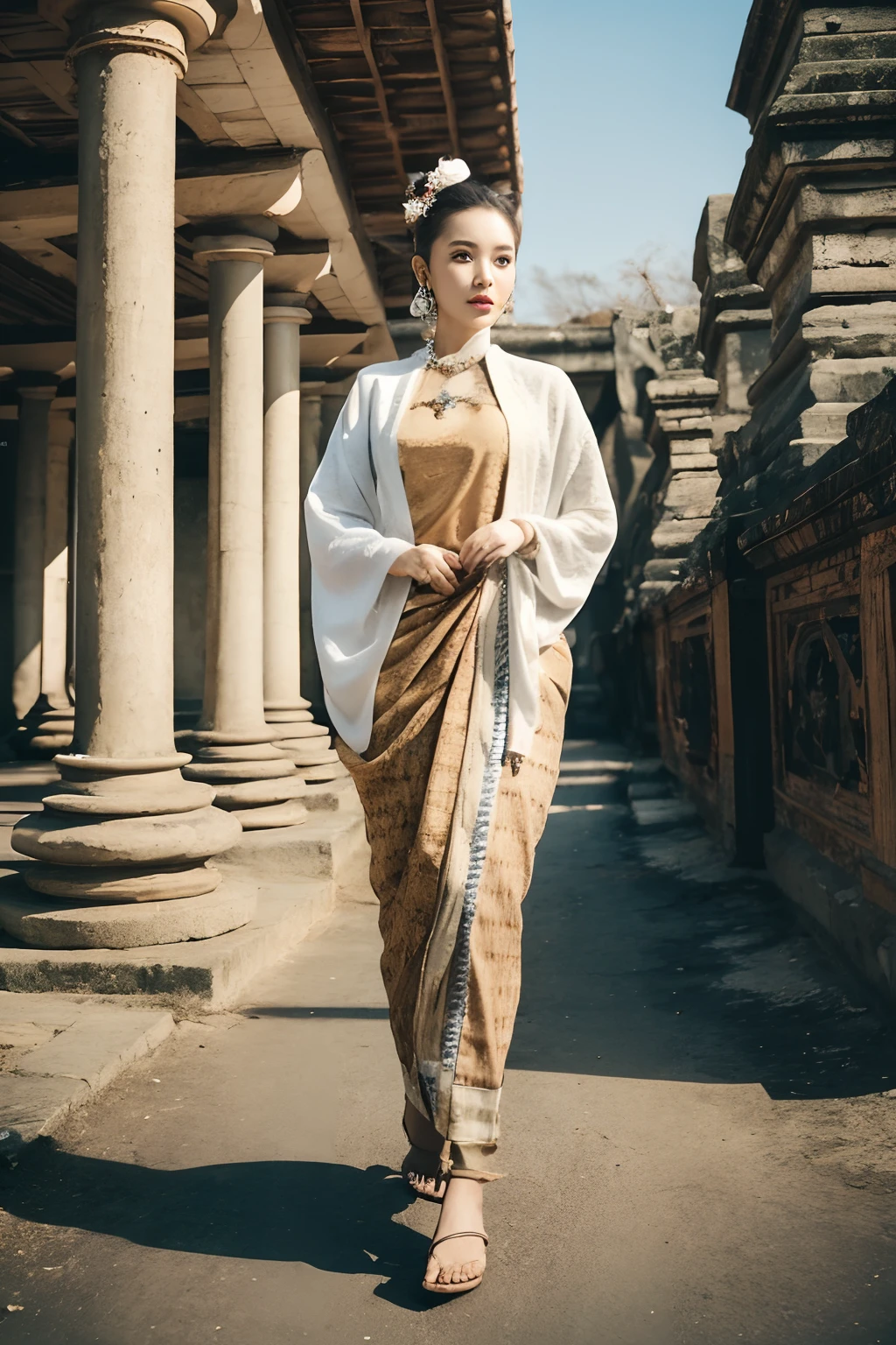 MMTD Burmese patterned traditional dress lady full body details, golden color dress, burmese hair style, wearing ornaments, perfect anatomy, nice face, fair skin, holding traditional lacquer ware flowers basket, sunlight, shade and shadow performance, Bagan temple at background, octane rendering, unreal engine, sharp focus, cenimatic lightning and hyper realistic details,32k, stick movie star style, best composition, fashion magazine cover style,