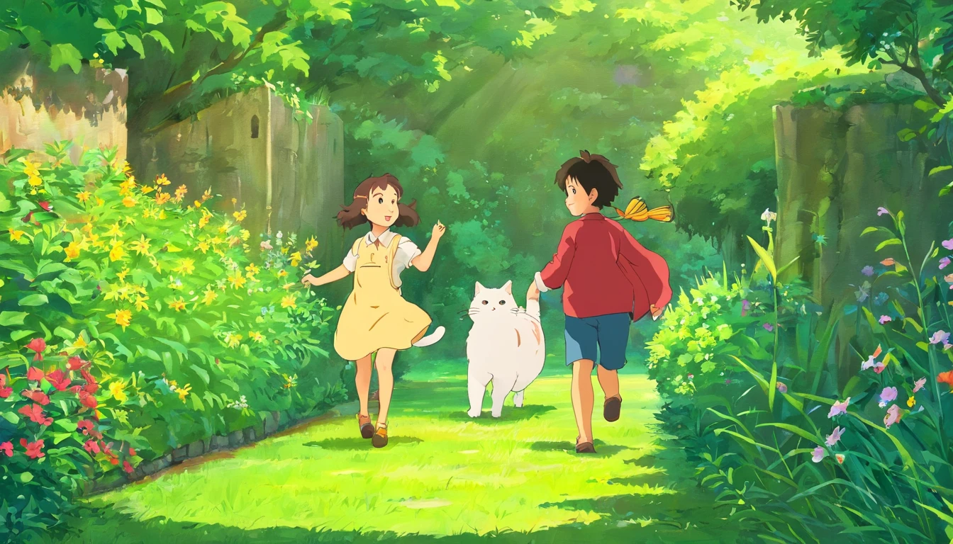 I have two playing with cats in the backyard, childrens book illustration, childrens book illustration, childrens book illustration, childrens book illustration, childrens book illustration, childrens book illustration, cute storybook illustration, illustration for children, story book illustration, children illustration, storybook illustration, colorful kids book illustration, a storybook illustration, children illustration