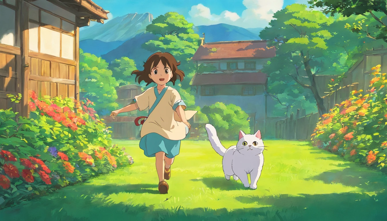 I have two kids playing with cats in the backyard, childrens book illustration, childrens book illustration, childrens book illustration, childrens book illustration, childrens book illustration, childrens book illustration, cute storybook illustration, illustration for children, story book illustration, children illustration, storybook illustration, colorful kids book illustration, a storybook illustration, children illustration