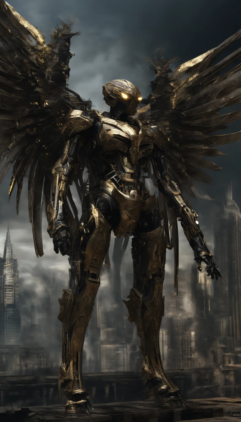 Masterpiece,(best qualtiy),highly detailed,Ultra-detailed,1girll,(Mechanical wings:Golden,glowing light eyes:Blue,Gold armor:1.2,thin long ears:0.8),(cyber punk city:1.5,arma:Energy Blade),(Fantasy landscape:1.2,Natural lighting:1.5,self-confident expression),(in a panoramic view:1.2),Mecha, Smile,Angle,Angels, Wings,gold,primitive,Close up