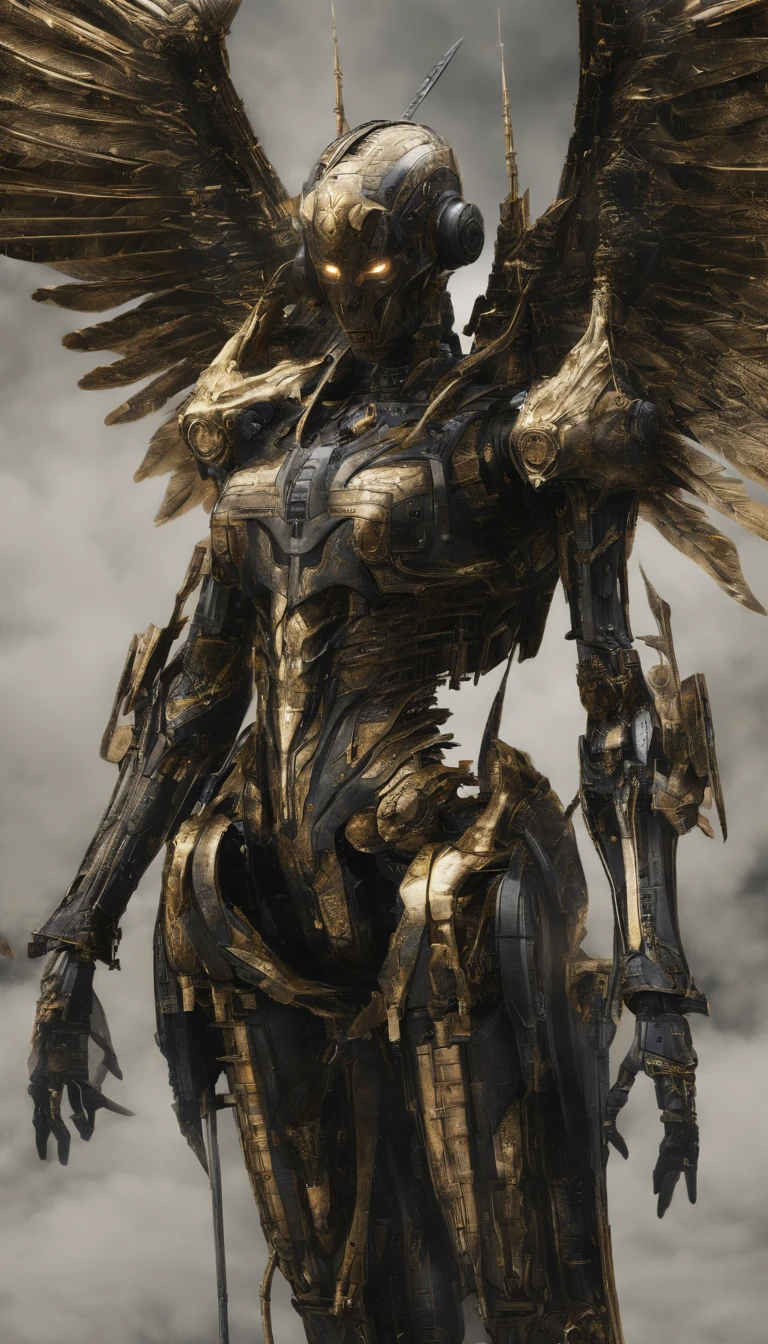 Masterpiece,(best qualtiy),highly  detailed,Ultra-detailed,1girll,(Mechanical wings:Golden,glowing light eyes:Blue,Gold armor:1.2,thin long ears:0.8),(cyber punk city:1.5,arma:Energy Blade),(Fantasy landscape:1.2,Natural lighting:1.5,self-confident expression),(in a panoramic view:1.2),Mecha, Smile,Angle,Angels, Wings,gold,primitive,Close up