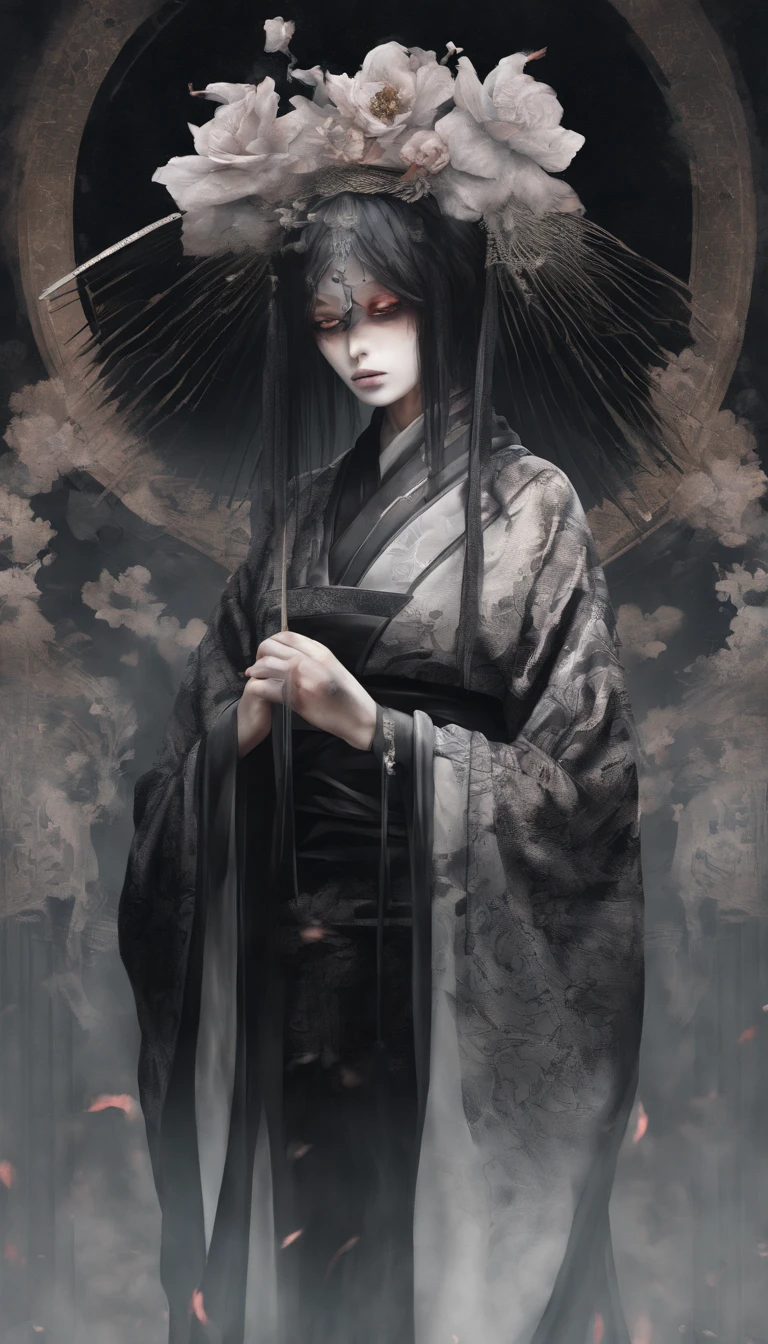 15 year old Japanese girl,Black hair and black eyes,in a kimono、short cut、Having a book、blood all around, cute face girl, Smile, Bleeding eyes, Bleeding from the nose and mouth, Evil smile