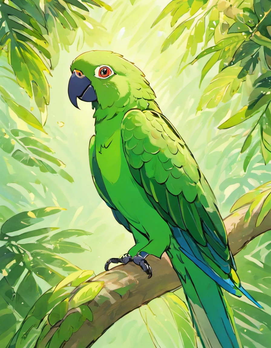 I would like to create the following animal in the sowsow pokemon art style, with a white background, In this stunning illustration, a solitary Amazon Parrot takes center stage, showcasing the exquisite beauty and vibrant personality that define this avian species. The parrot is perched gracefully on a textured branch, its claws delicately gripping the surface while displaying a sense of confidence and composure.

The Amazon Parrot featured in this artwork is resplendent in its plumage, with emerald green feathers dominating its body. The feathers are richly hued, their shades intensifying toward the bird's head and wings. Splashes of bright yellow accentuate the edges of its wings, adding a captivating contrast to the lush green backdrop.

The parrot's head is a masterpiece of intricate details. Its forehead showcases a distinctive patch of red, which extends gracefully above its eyes, contrasting beautifully with the deep green feathers surrounding it. The eyes themselves are dark and expressive, radiating intelligence and curiosity. The bird's beak, curved and strong, hints at its formidable bite and skillful use in cracking nuts and seeds.

As the Amazon Parrot turns slightly, the observer catches a glimpse of its striking plumage from different angles. The feathers seem to shimmer and glint in the imagined light, creating a sense of movement and life within the illustration. A touch of blue feathers is visible on its wings, adding a subtle hint of complexity to its overall appearance.

The background of the illustration is a lush, verdant forest scene, with hints of dappled sunlight filtering through the leaves. This setting perfectly complements the Amazon Parrot's natural habitat, emphasizing its connection to the rainforests it calls home.