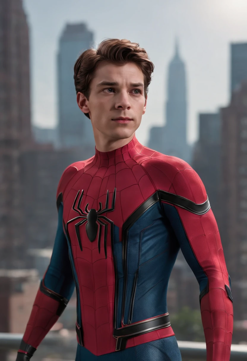 Spider - Hombre de traje parado en un techo con una ciudad en el fondo, lleva debajo de su brazo una computadora portatil ,Pedro Parker, Spider-Man, spider - man, Retrato de Spider-Man, Fondo de pantalla HQ 4K, highly detailed spider - man, Peter Parker como Spider-Man., Estilo futurista de Spider-Man, Renderizado 8K", Medio de cerca - arriba ( Mcu ), Spiderman, Tendencias en ArtStation 4K, Arte CG